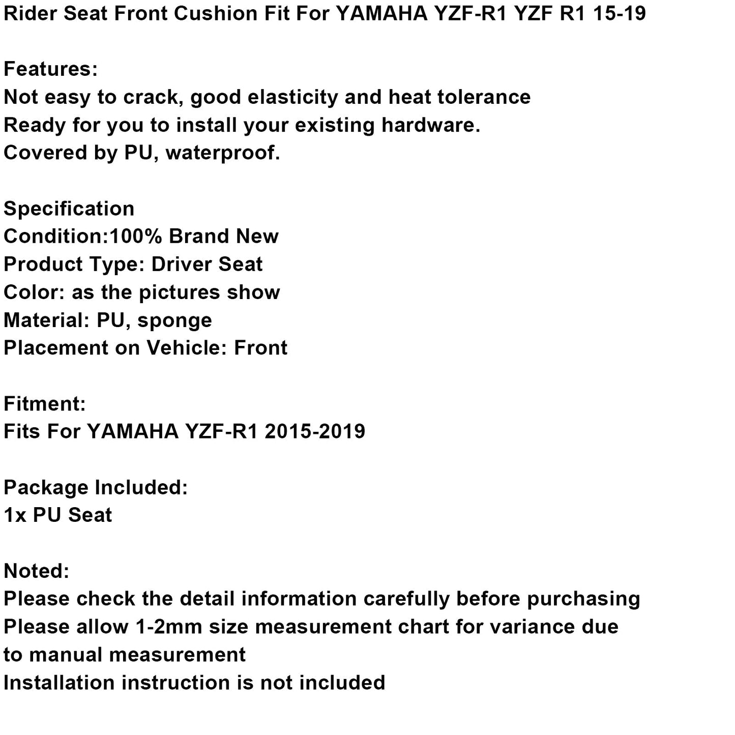 Coussin de siège passager avant et arrière pour Yamaha YZF-R1 YZF R1 15-19