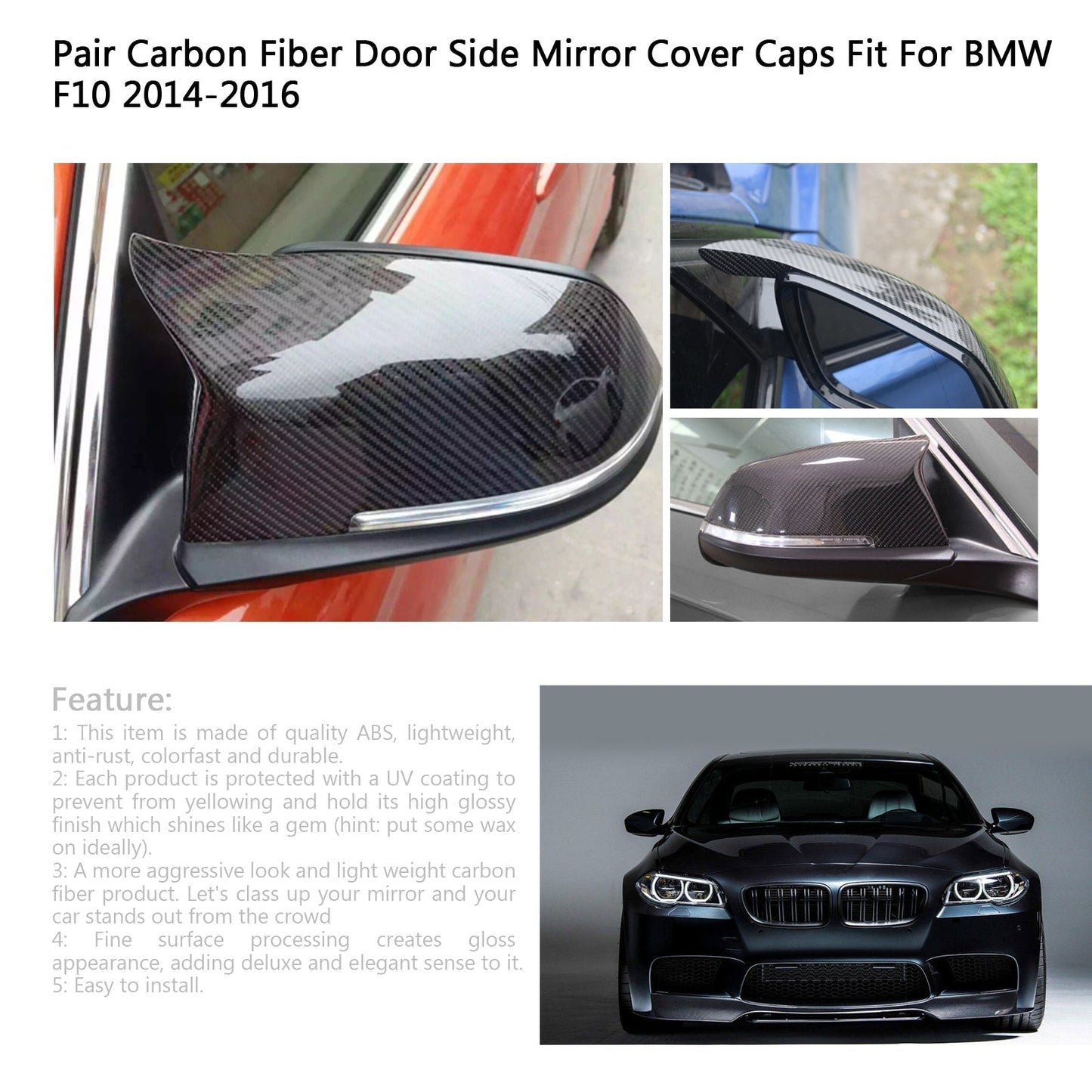 Pair Carbon Fiber Side Rear View Mirror Cover Caps For For BMW F10 F18 2014-2016