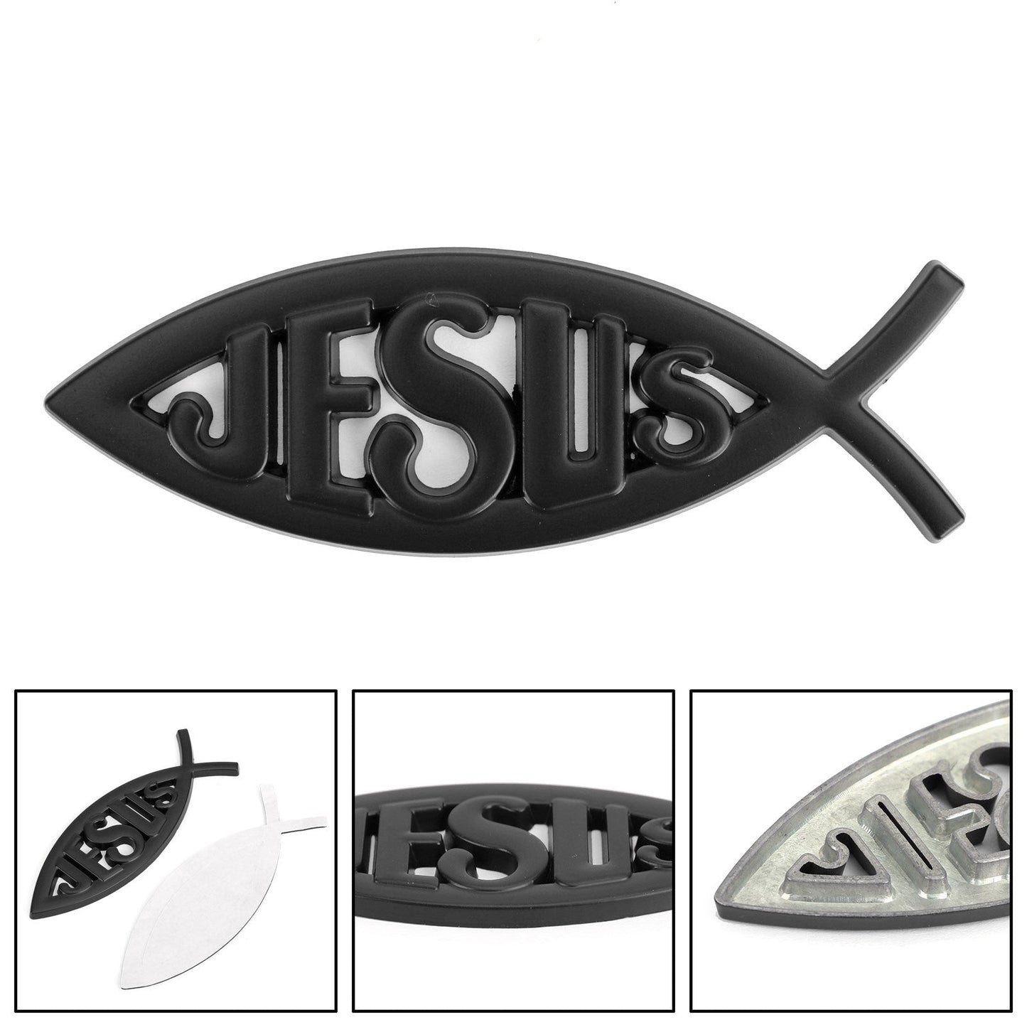 Autocollant 3D noir pour voiture, symbole chrétien de Jésus et de poisson, emblème religieux