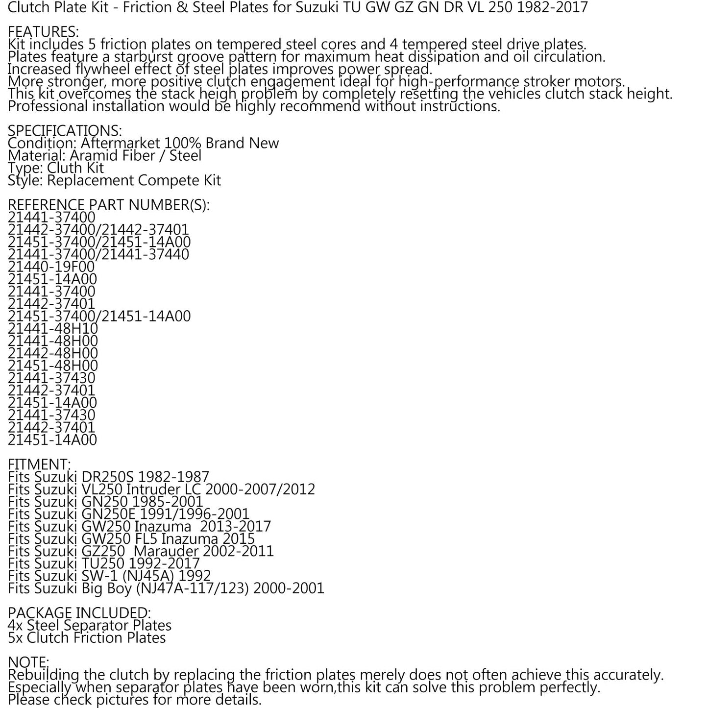 Kit de embrague de acero y discos de fricción para Suzuki TU GW GZ GN DR VL 250 1982-2017