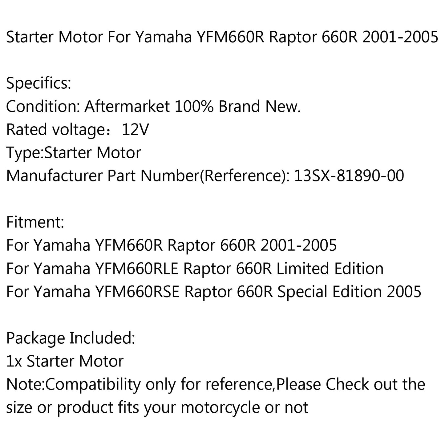 Starter Motor For Yamaha Atv Raptor YFM660RR YFM660RSE Raptor 660R 2001-2000 Assosary