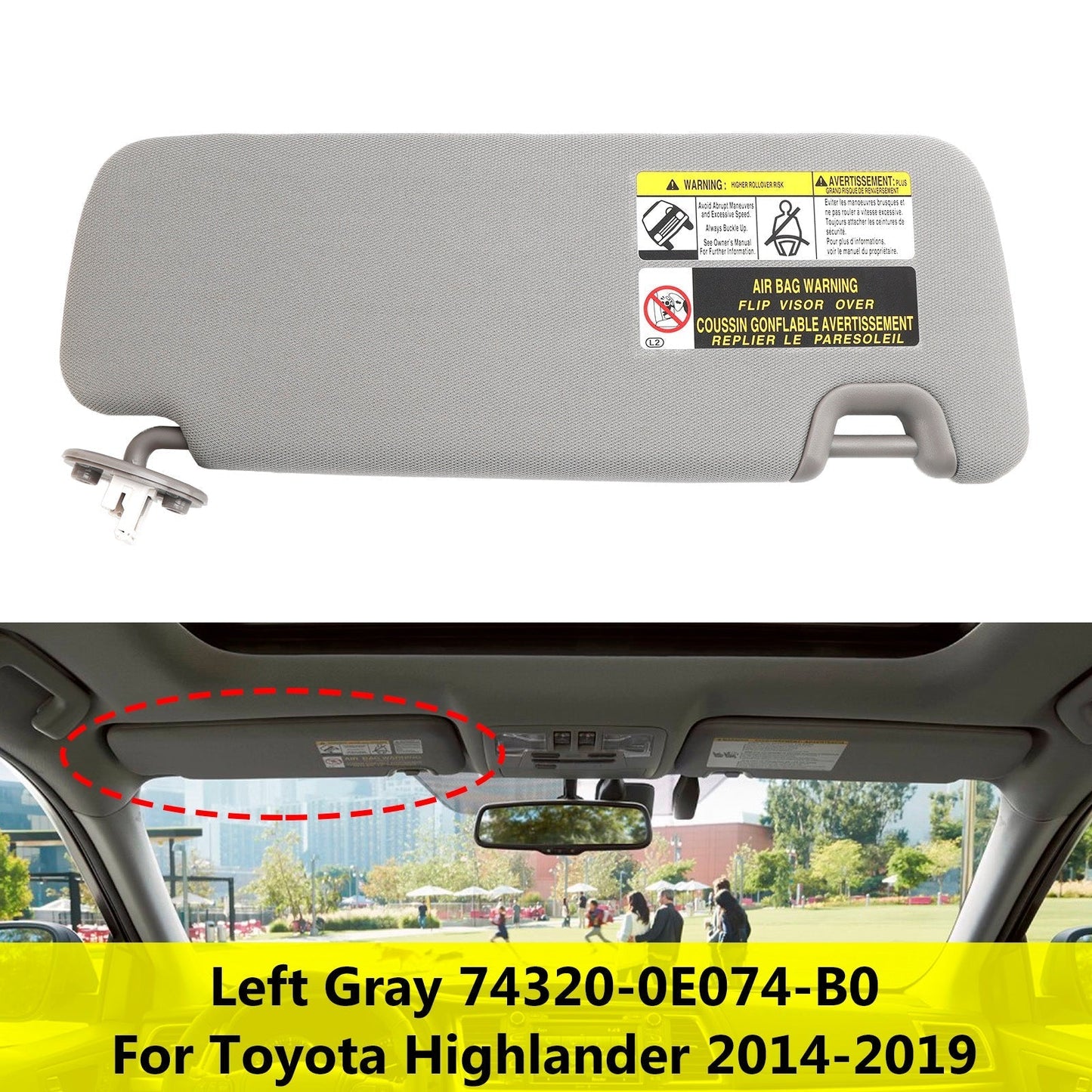 Pare-soleil gauche avec vanité gris clair pour Toyota Highlander 2014-2019 (74320-0E074-B0)