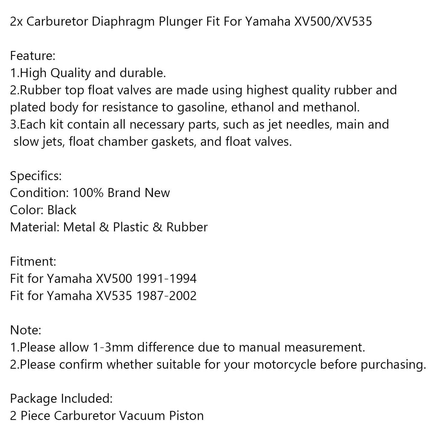 Piston de diaphragme de carburateur Yamaha XV500/XV535 (2 pièces)