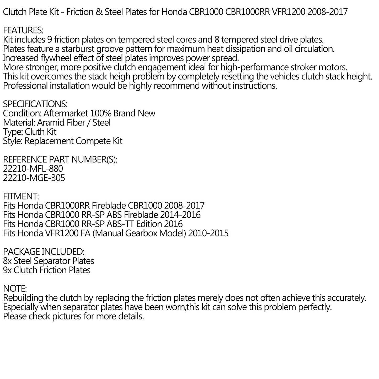 Kit de embrague de acero y placas de fricción para Honda CBR1000 CBR1000RR VFR1200 2008-2017