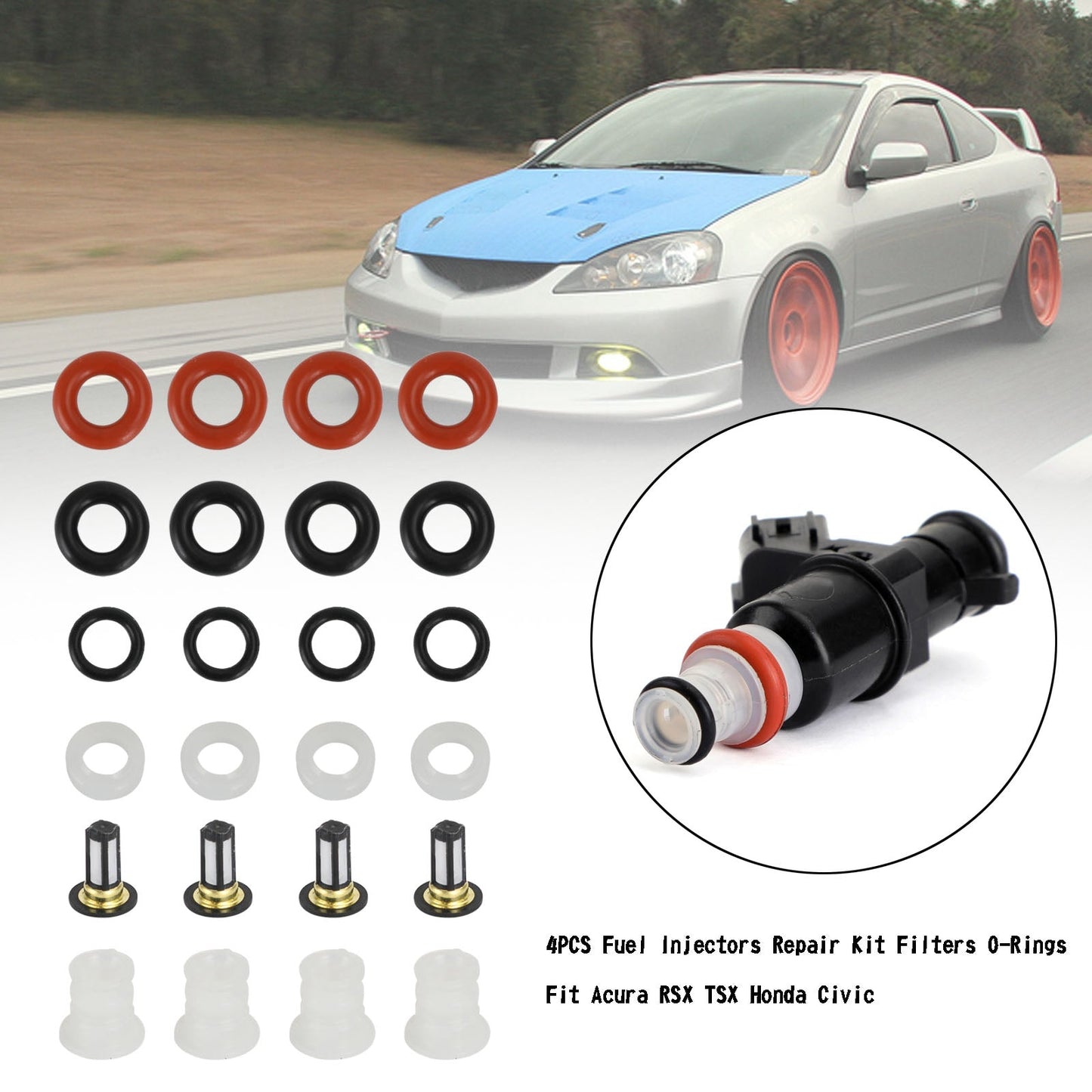 2004-2008 Acura TSX/ 2005-2007 Acura RSX 4PCS Fuel Injectors Repair Kit Filters O-Rings 16450RAAA01 842-12288 842-12287