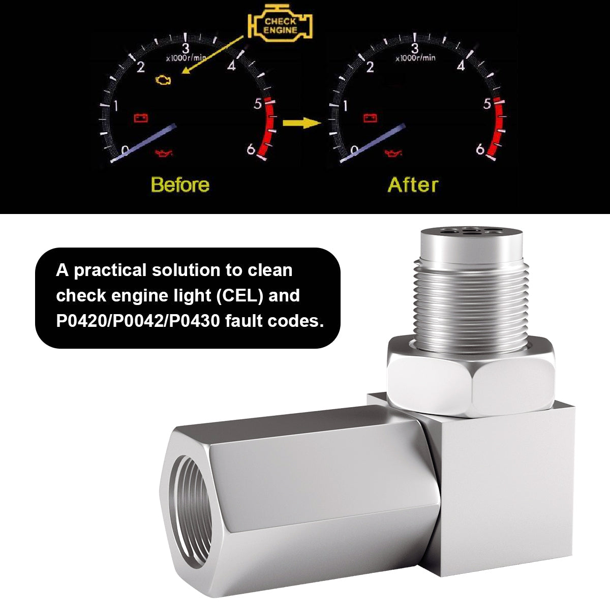 Espaciador de sensor de O2 de 90 grados, luz de verificación del motor, tapón CEL, miniconvertidor catalítico de oxígeno, accesorio