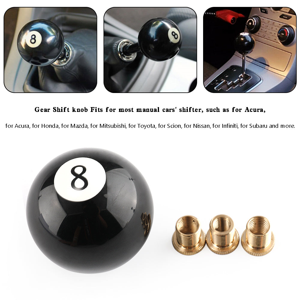 Pommeau de levier de vitesse universel rond noir en forme de boule de billard n° 8 avec 3 adaptateurs