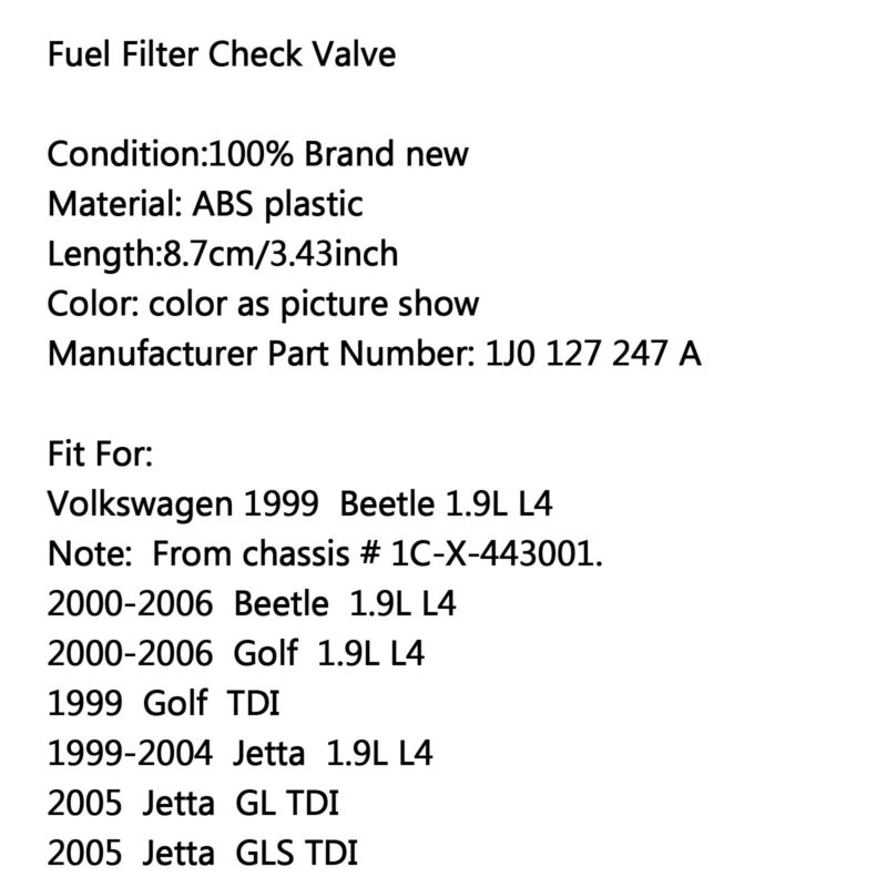 Clapet anti-retour pour filtre à carburant diesel 1.9 TDI pour Beetle Golf Jetta 99-05