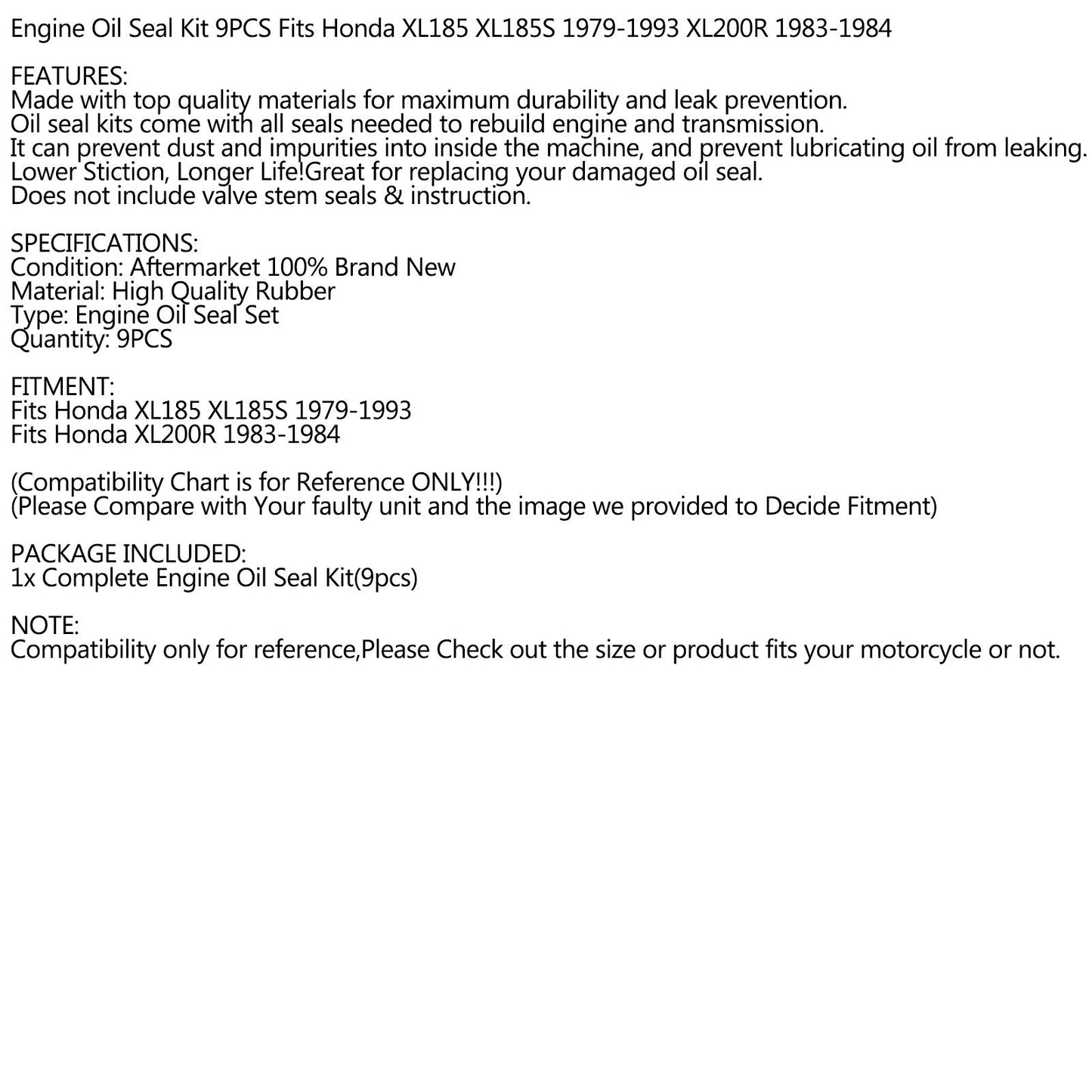 Complete Engine Oil Seal Crankcase Kit 9pcs for Honda XL185 XL185S XL200R 79-93