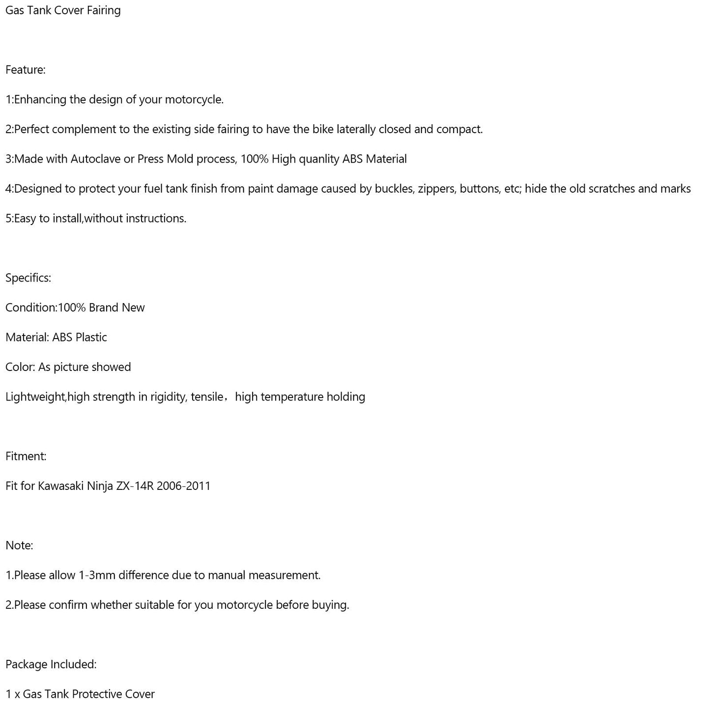 Gas Tank Cover Fairing Protector For For Kawasaki Ninja ZX-14R 2006-2011 Carbon