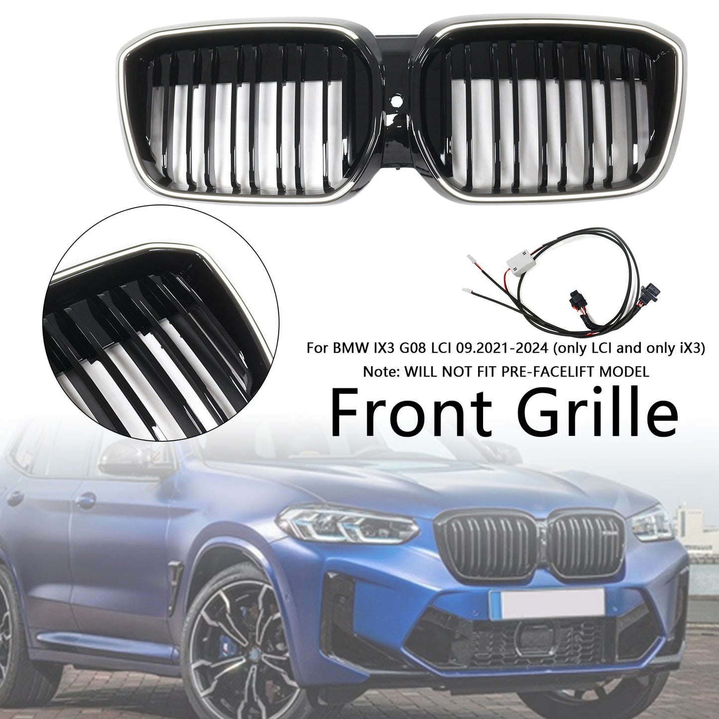 2022-2024 Double Slat Gloss Black Front Kidney Grill Grille Fit BMW IX3 G08 LCI