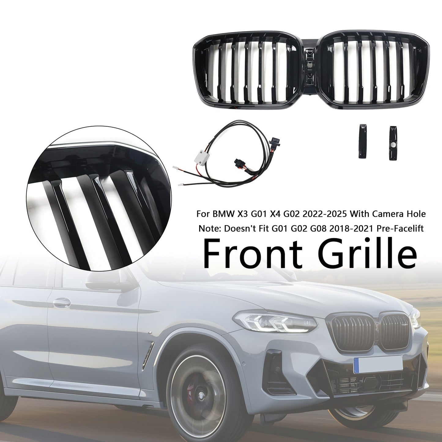 2022-2025 BMW X3 G01 X4 G02 Glossy Black Front Bumper Kidney Grille