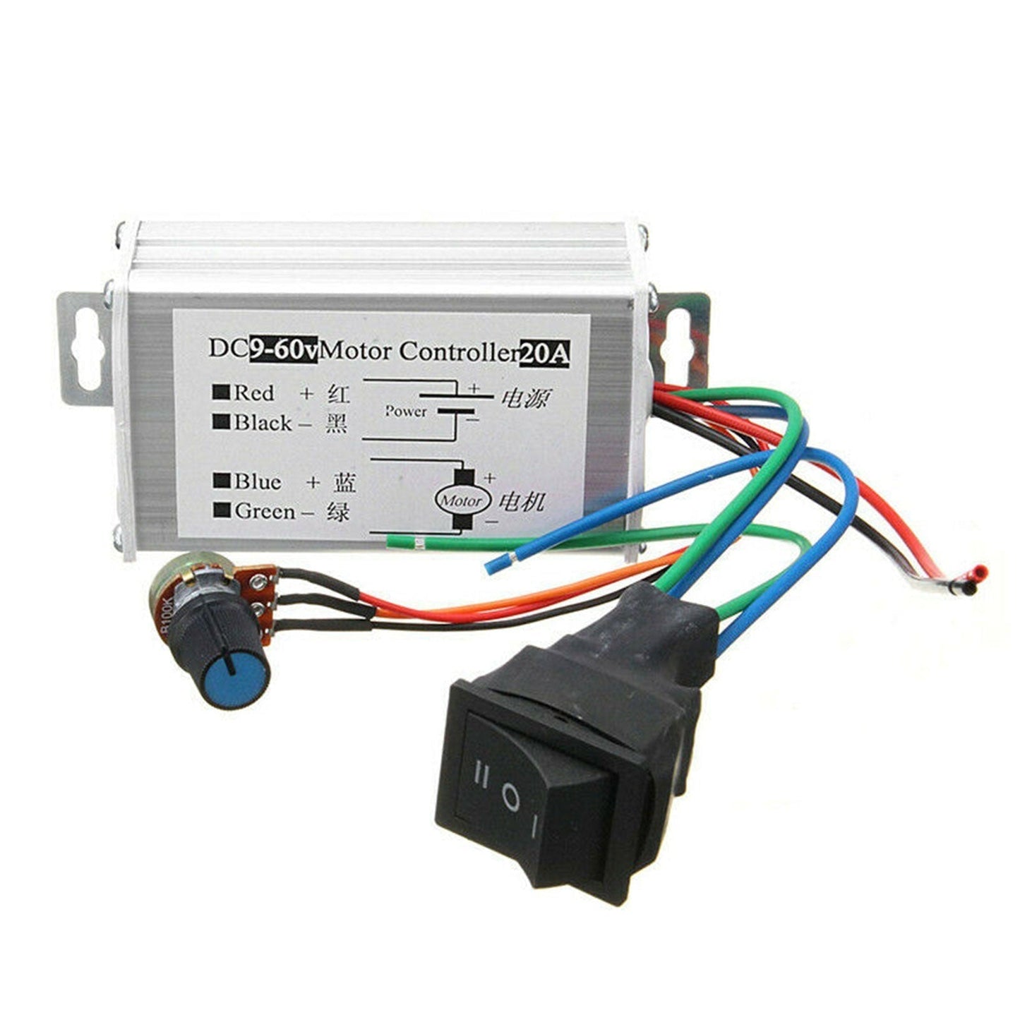 Controlador de velocidad variable continua de motor PWM de CC de 9 V-60 V y 20 A con interruptor