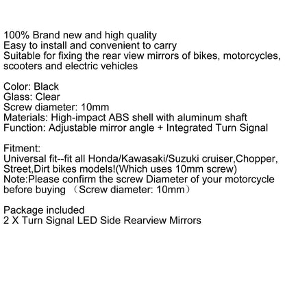 Pair 10mm Motorcycle LED Turn Signal Integrated Indicator Light Rearview Mirrors