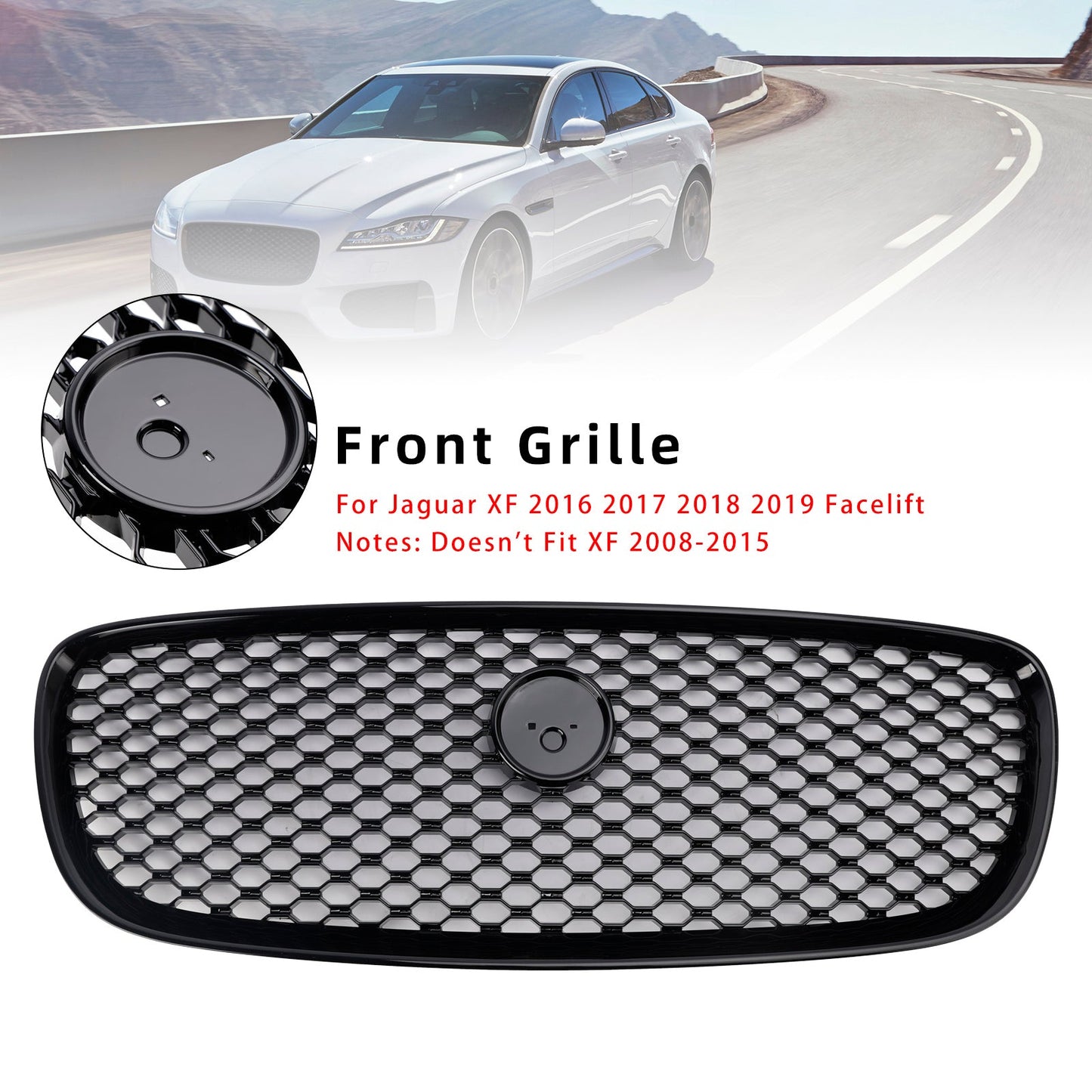 2016-2019 Jaguar XF XF-R Style Front Bumper Grill Grille Gloss Black