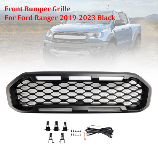 Ford Ranger 2019-2023 Front Bumper Grill Raptor / Honeycomb / Mesh Style Black Grille W/ 3 White LED Light