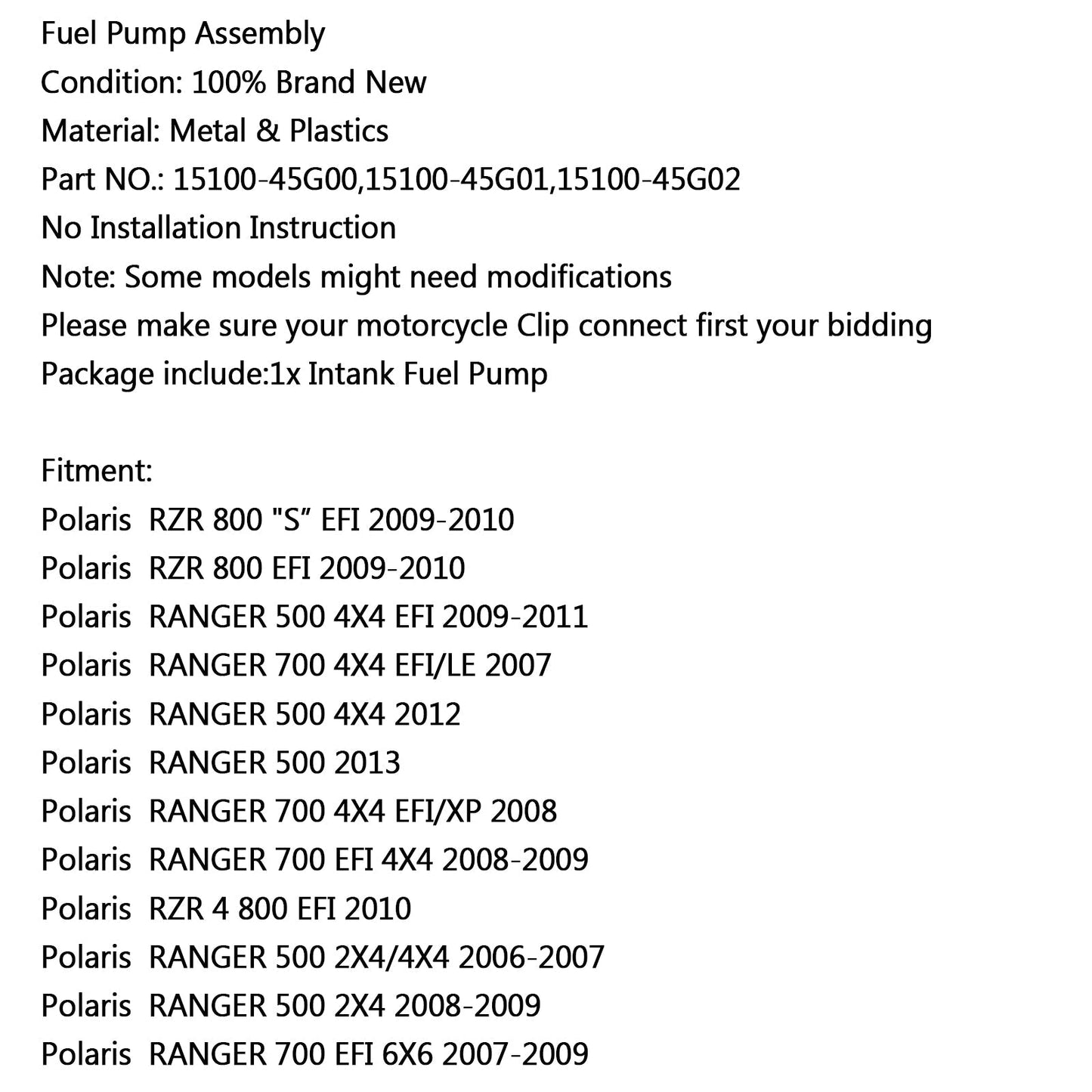 New Fuel Pump For HPolaris RZR 800 S EFI 09-10 700 4X4 EFI/LE 500 2X4 2006 Assosary