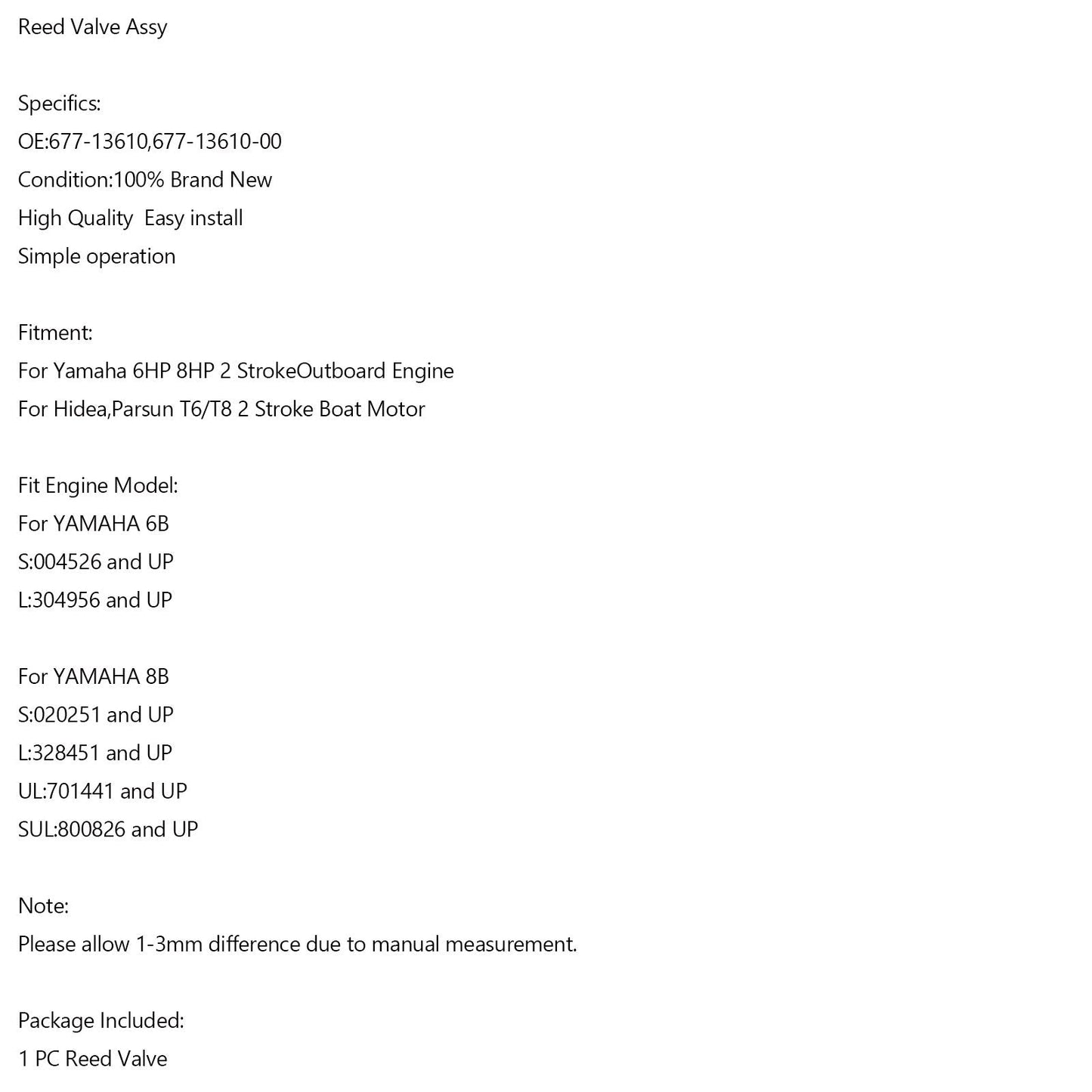 Conjunto de válvula de láminas 677-13610 para motores fueraborda Yamaha de 6 HP, 8 HP, 6B, 8B, Parsun T6 y T8