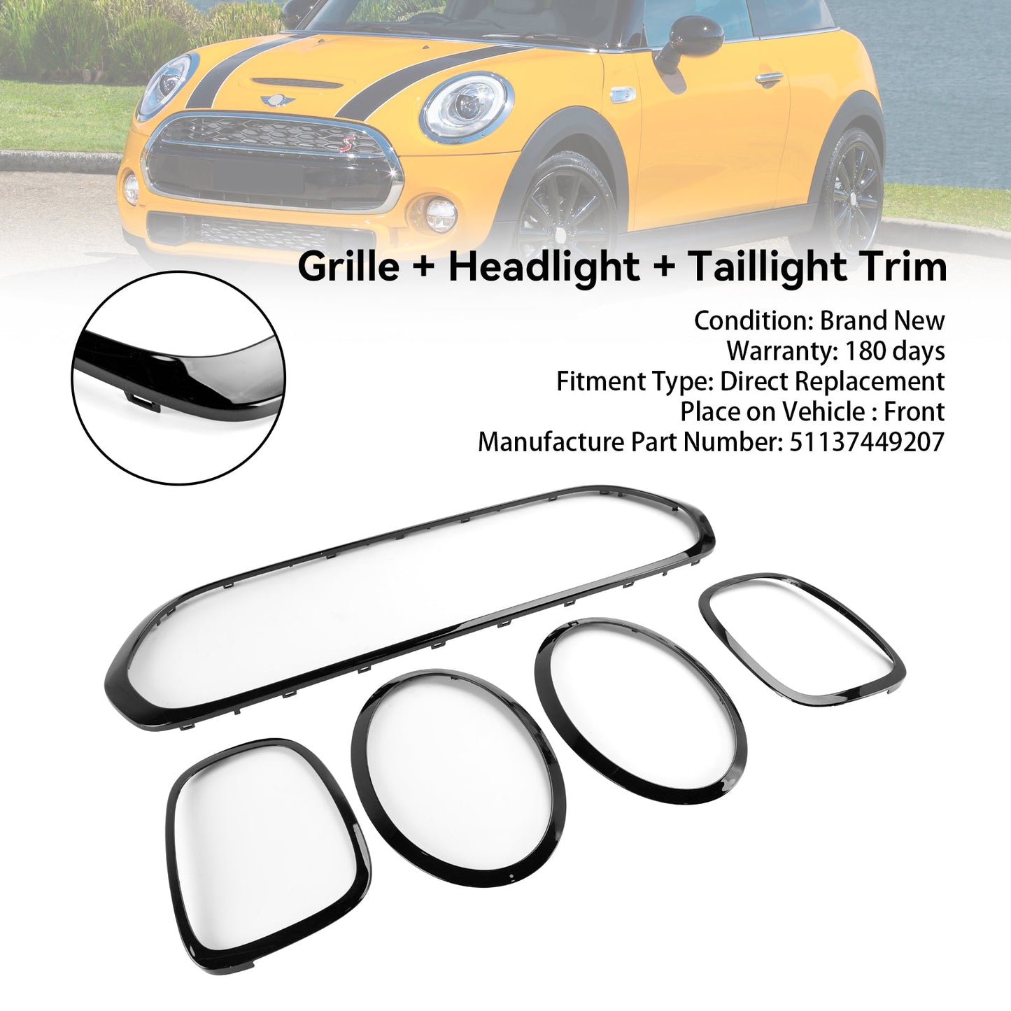 2014-2021 Mini F55 F56 F57 Cooper S / Cooper SD Black Grill Trim + Headlight Trim + Taillight Trim