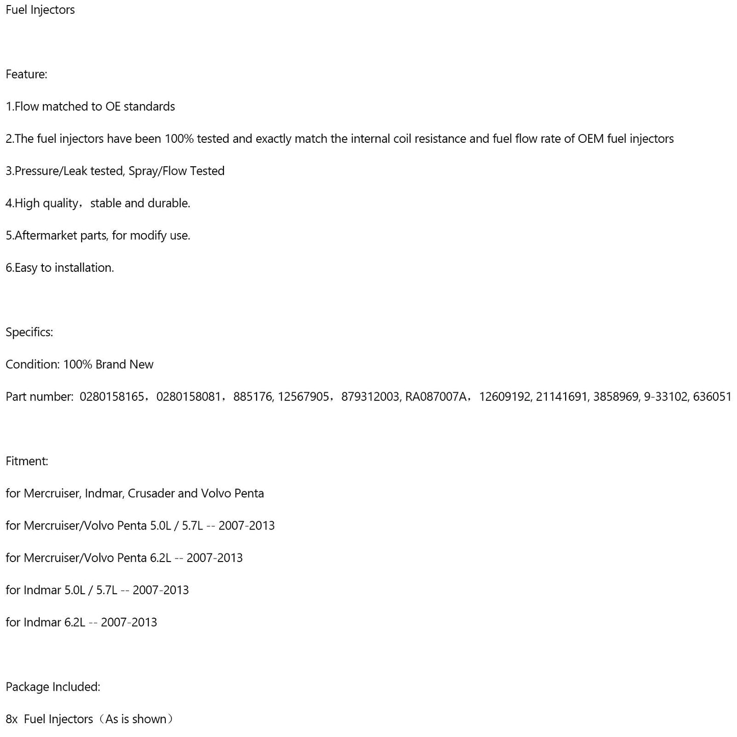 8 inyectores de combustible 0280158165 0280158081 879312003 para Mercruiser Volvo Penta