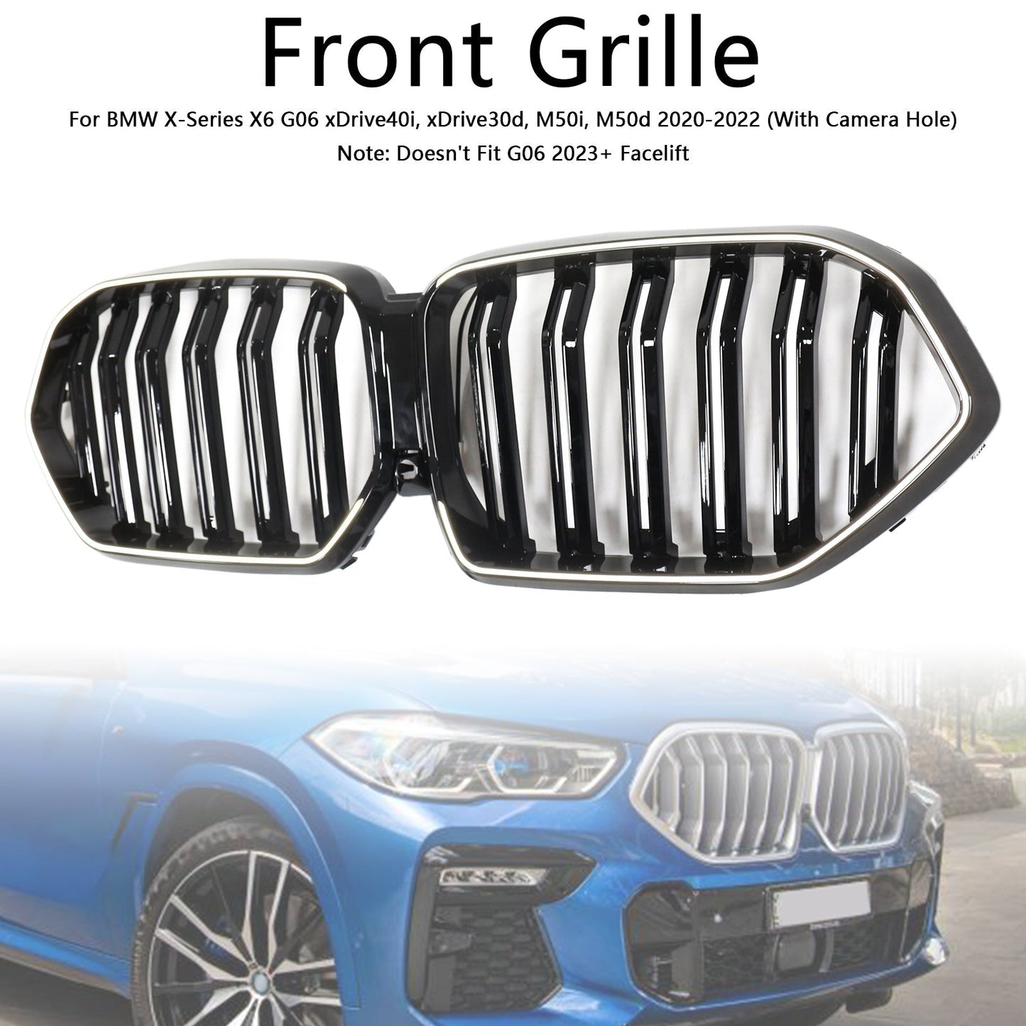 2020-2022 BMW X6 G06 M50i Gloss Black Front Bumper Grille W/Camera Hole
