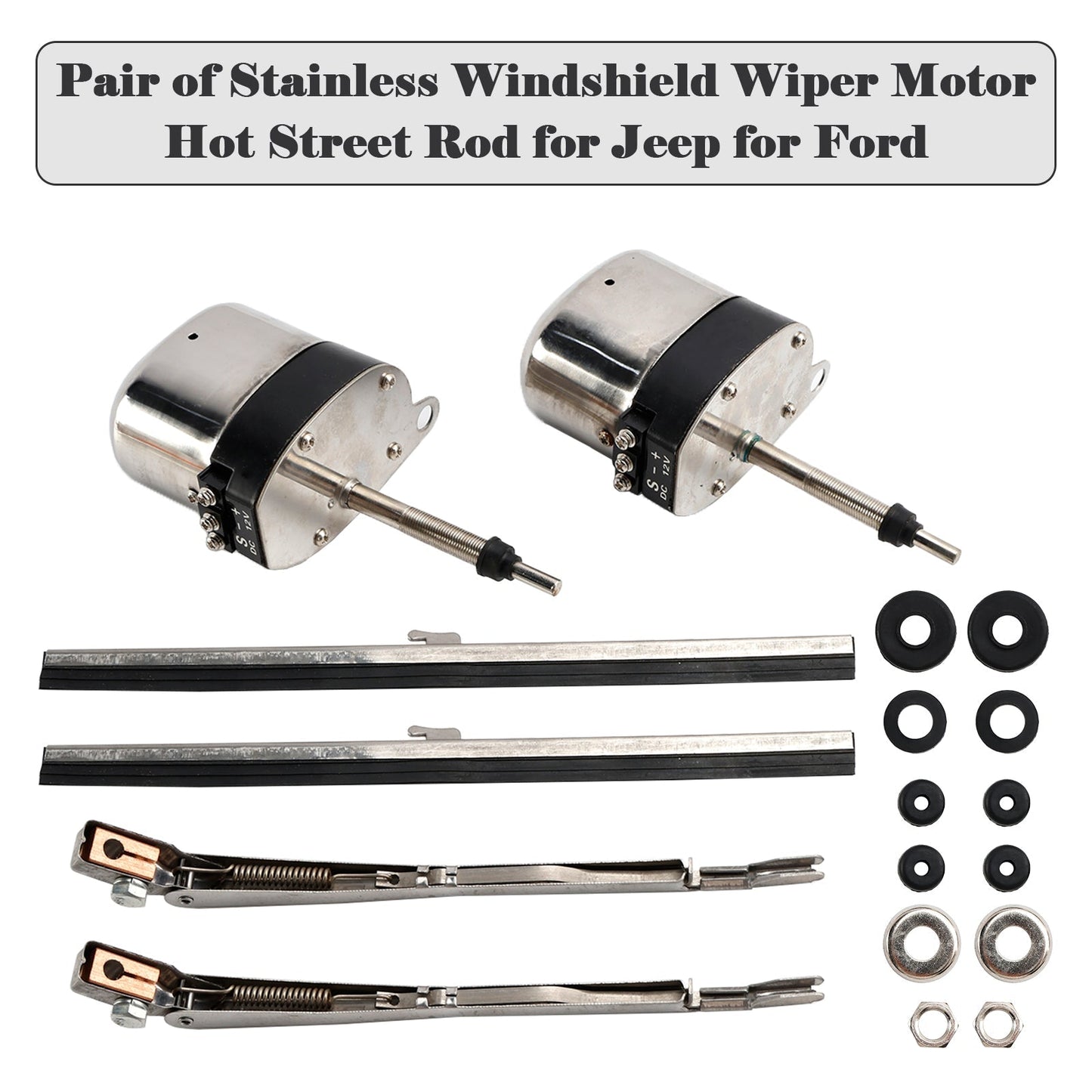 Par de motores de limpiaparabrisas de acero inoxidable Hot Street Rod 558SS S6558 para 32 vehículos Ford, barcos, Jeep y vehículos todo terreno.