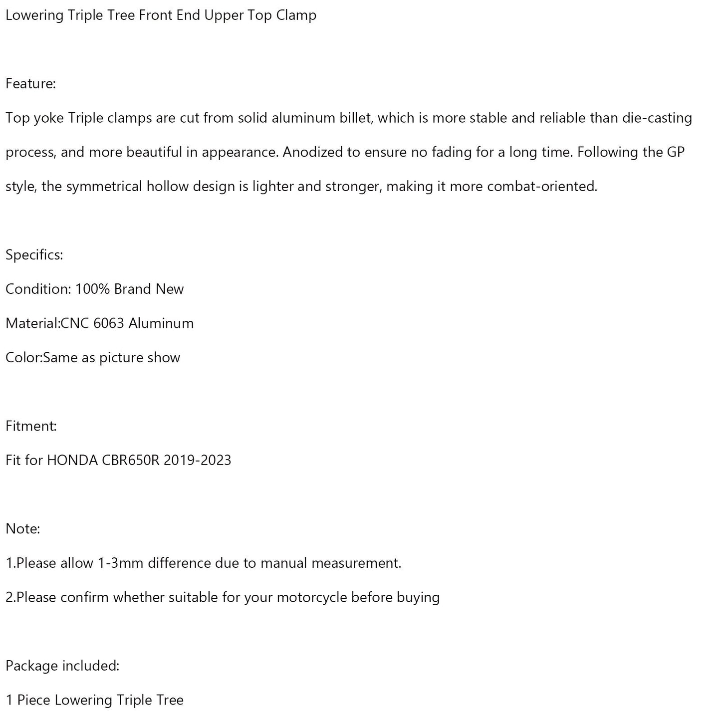 Lowering Triple Tree Front End Upper Top Clamp For HONDA CBR650R 2019-2023