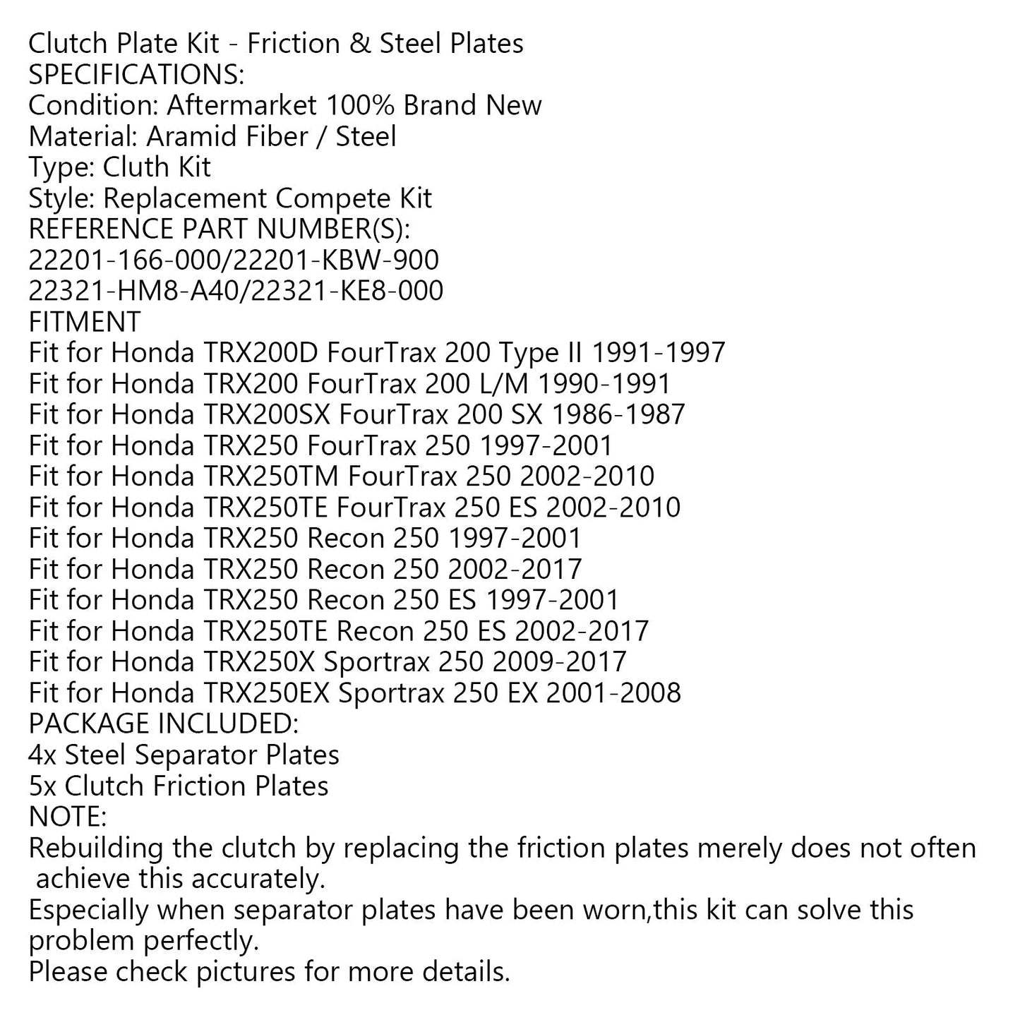 Kit de embrague de acero y placas de fricción compatibles con Honda TRX200 TRX250 FourTrax 200 250