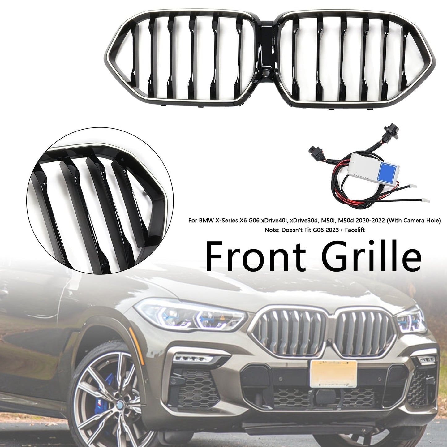 2020-2022 BMW X6 G06 M50i Black Front Bumper Grille Grill W/Camera Hole