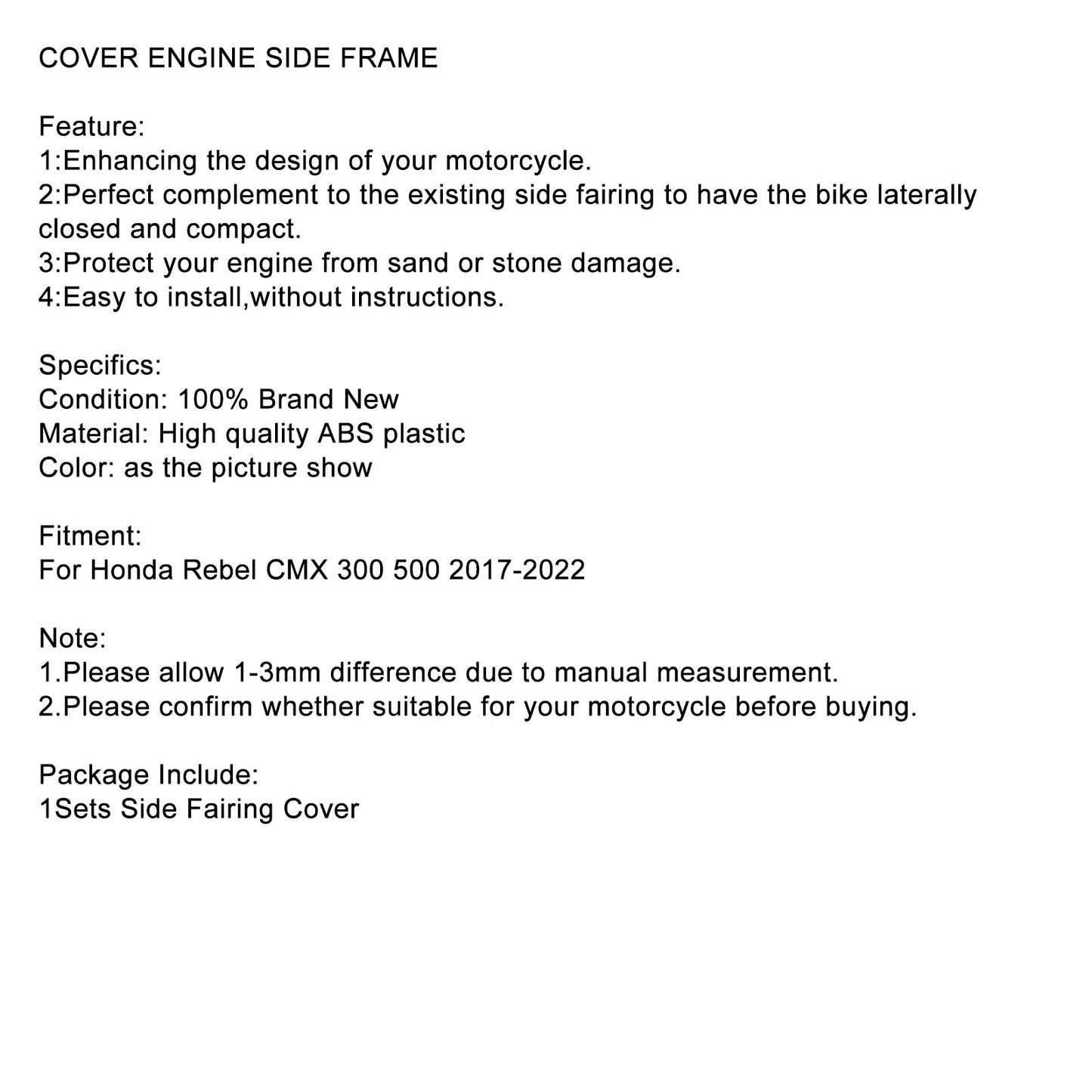 Fairing Guard Case Cover Engine Side Frame For Honda Rebel CMX 300 500 2017-2022