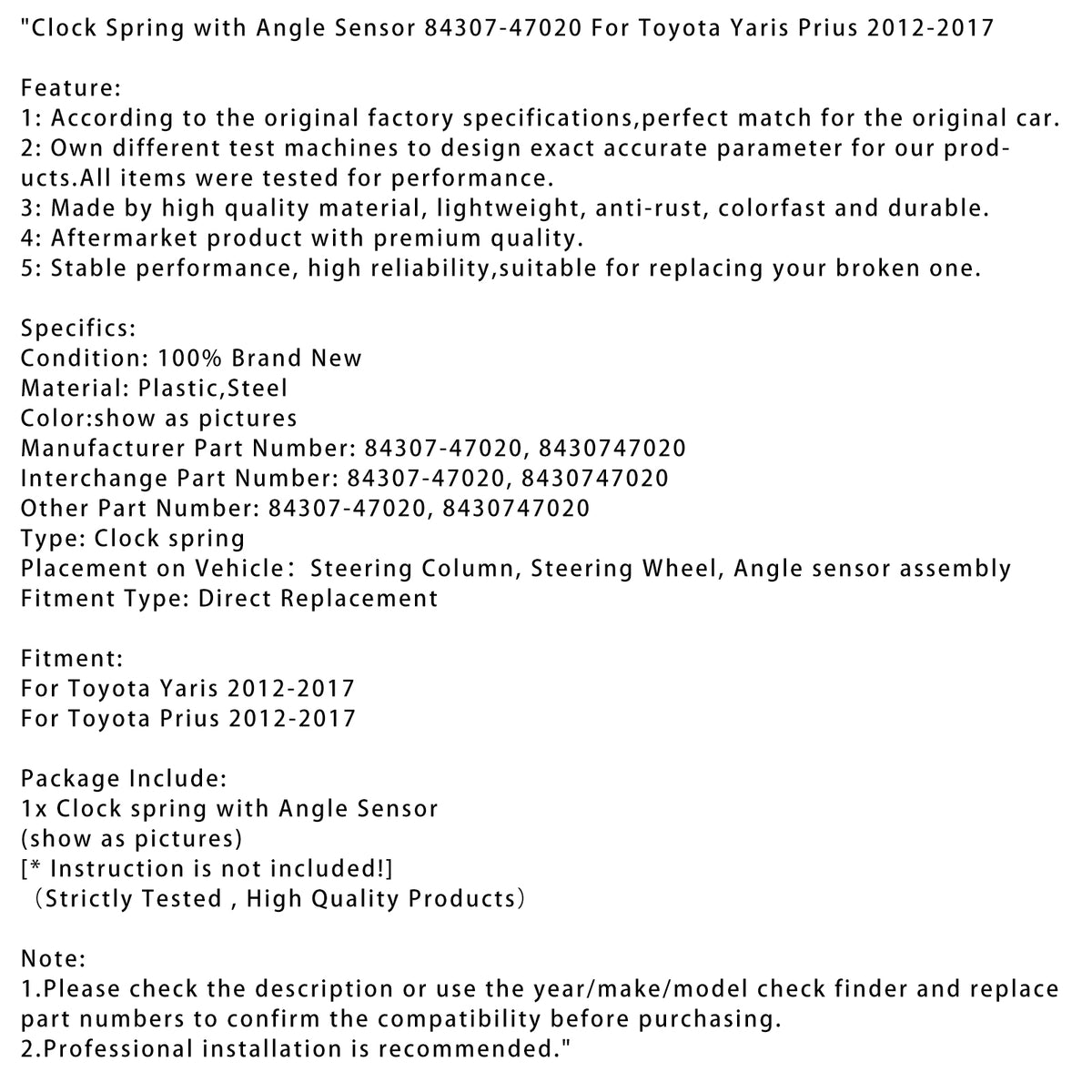2012-2017 Toyota Yaris Prius Clock Spring with Angle Sensor 84307-47020