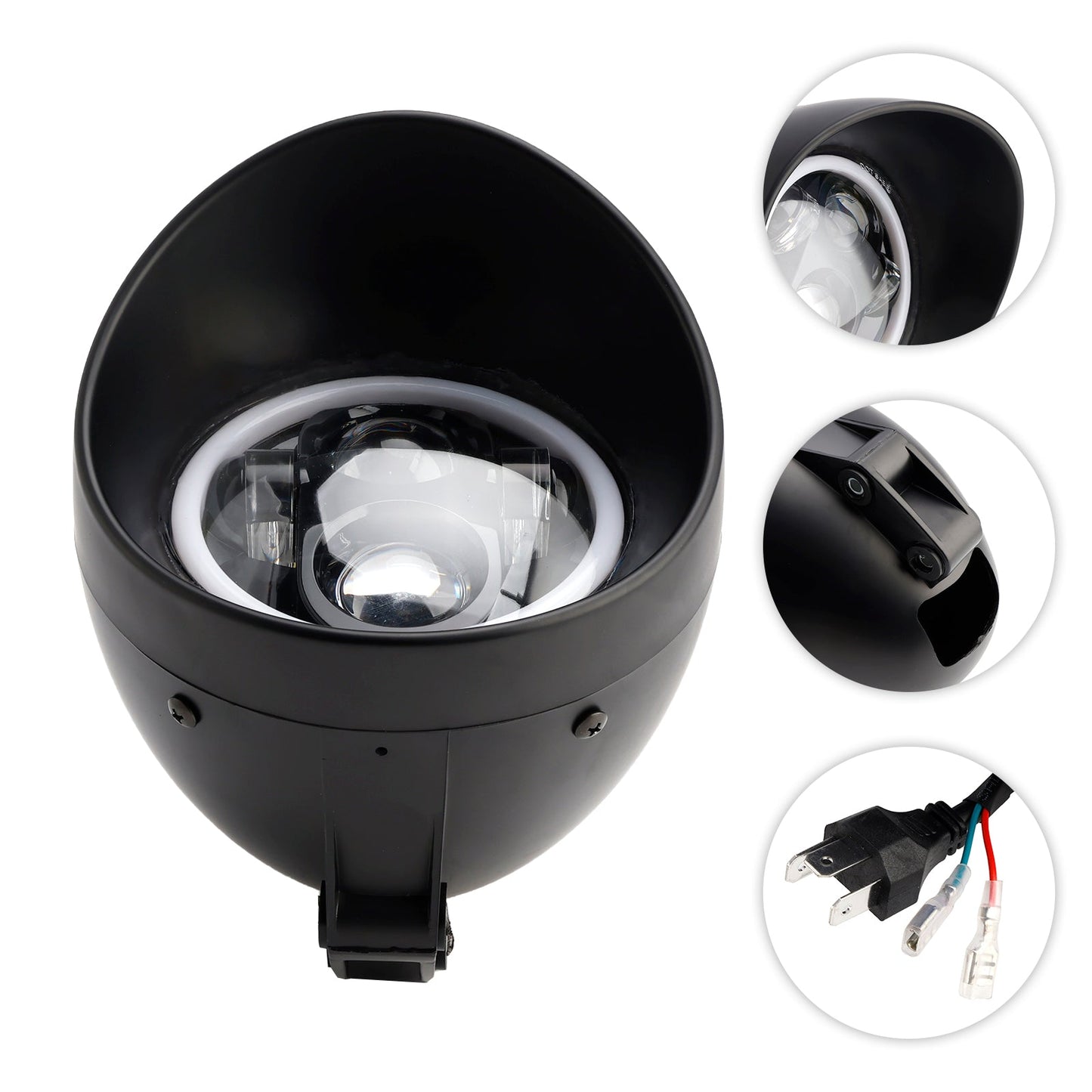 Black Motorcycle Beam Headlight Fog Lamp Custom Fits For Racer Bobber Chopper