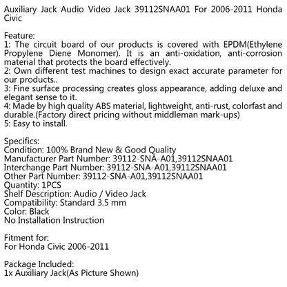 2006-2011 Civic Honda 39112SNAA01 New Auxiliary Jack Audio Video Jack Aux