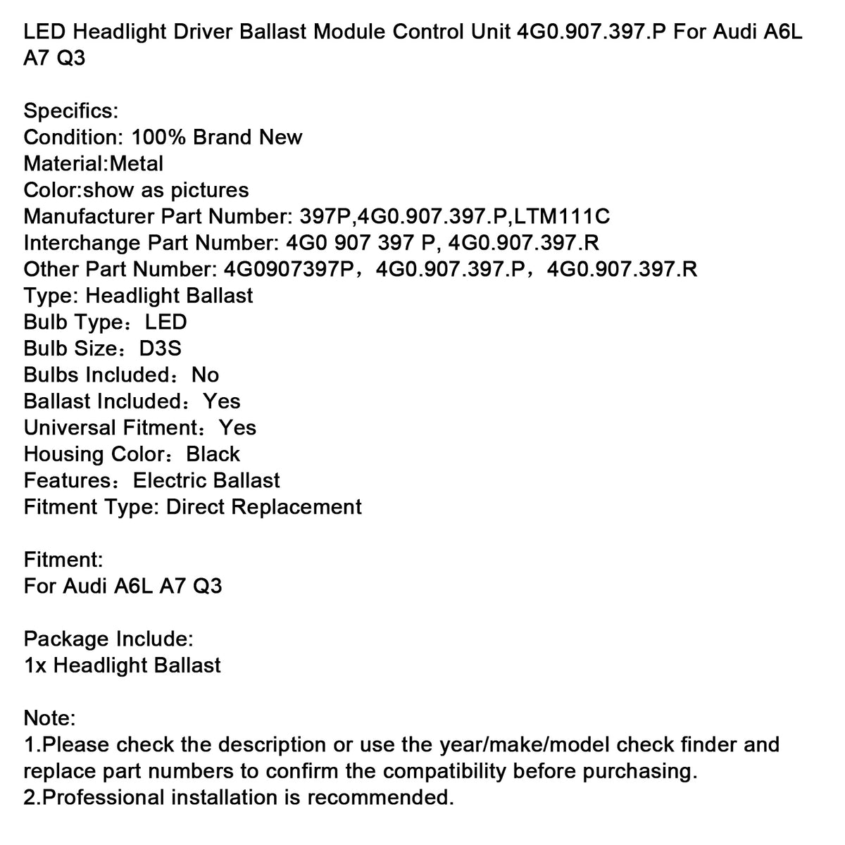 Audi LED Headlight Driver Ballast Module Control Unit 4G0.907.397.P