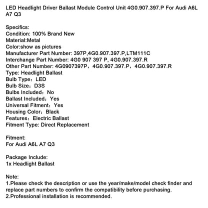 Audi LED Headlight Driver Ballast Module Control Unit 4G0.907.397.P