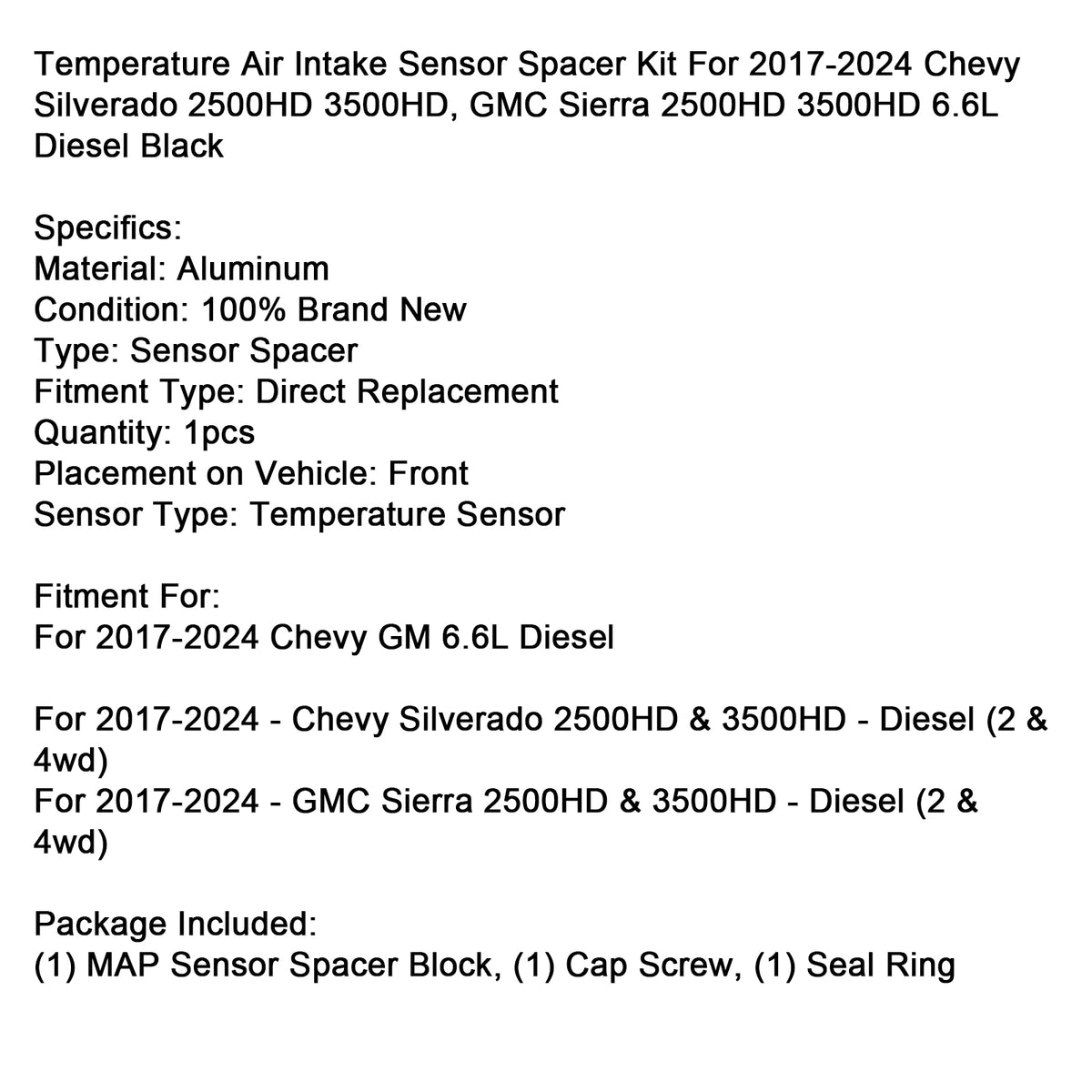 2017-2024 Chevy GM 6.6L Diesel Temperature Air Intake Sensor Spacer Kit