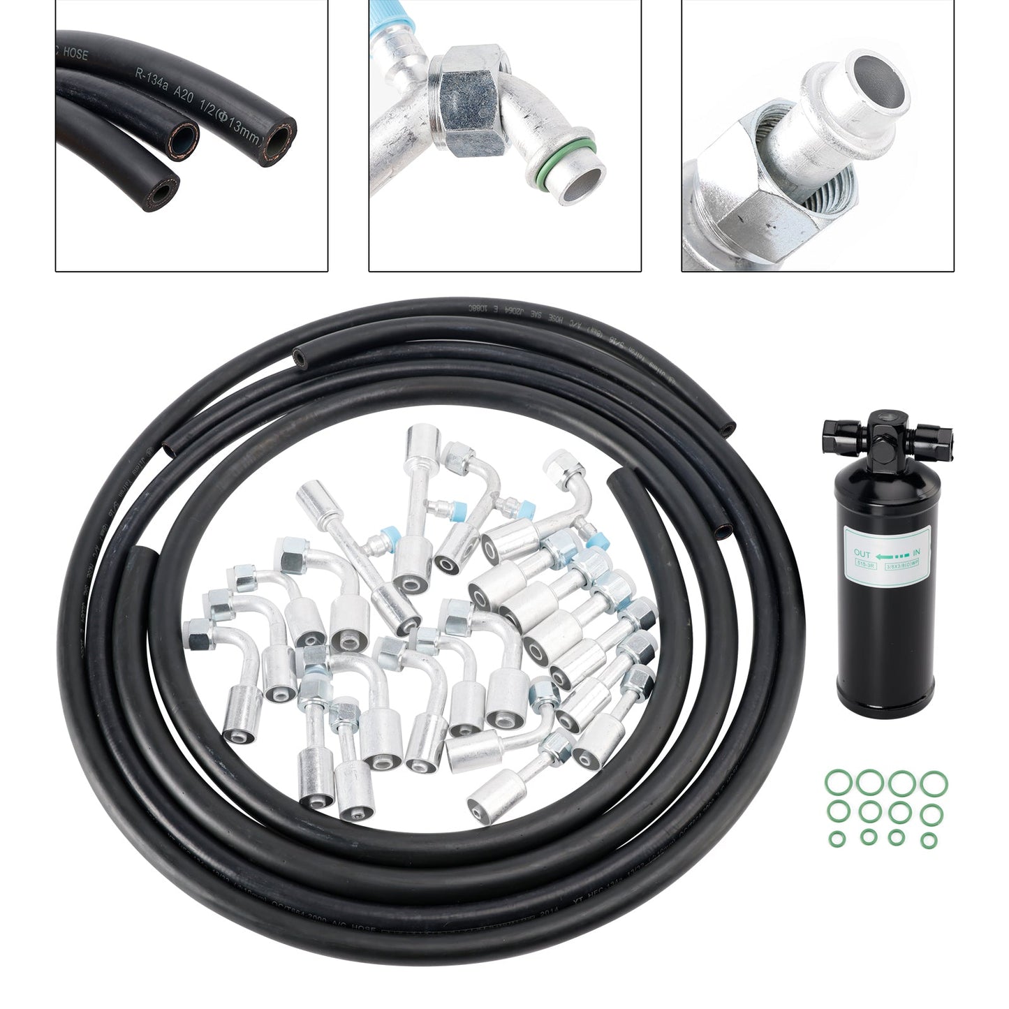 Kit de 26 mangueras y accesorios de aire acondicionado. Incluye mangueras de CA de 6,5 pies n.° 6, 8, 10, accesorios de CA n.° 6, 8, 10 y un receptor secador de CA universal.