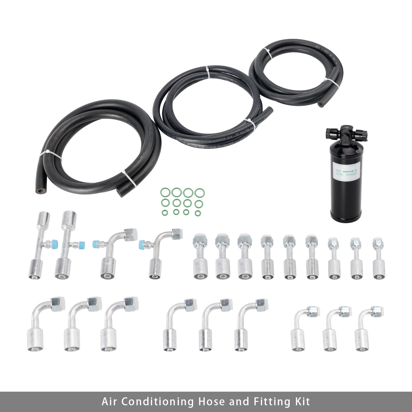 Kit de 26 mangueras y accesorios de aire acondicionado. Incluye mangueras de CA de 6,5 pies n.° 6, 8, 10, accesorios de CA n.° 6, 8, 10 y un receptor secador de CA universal.