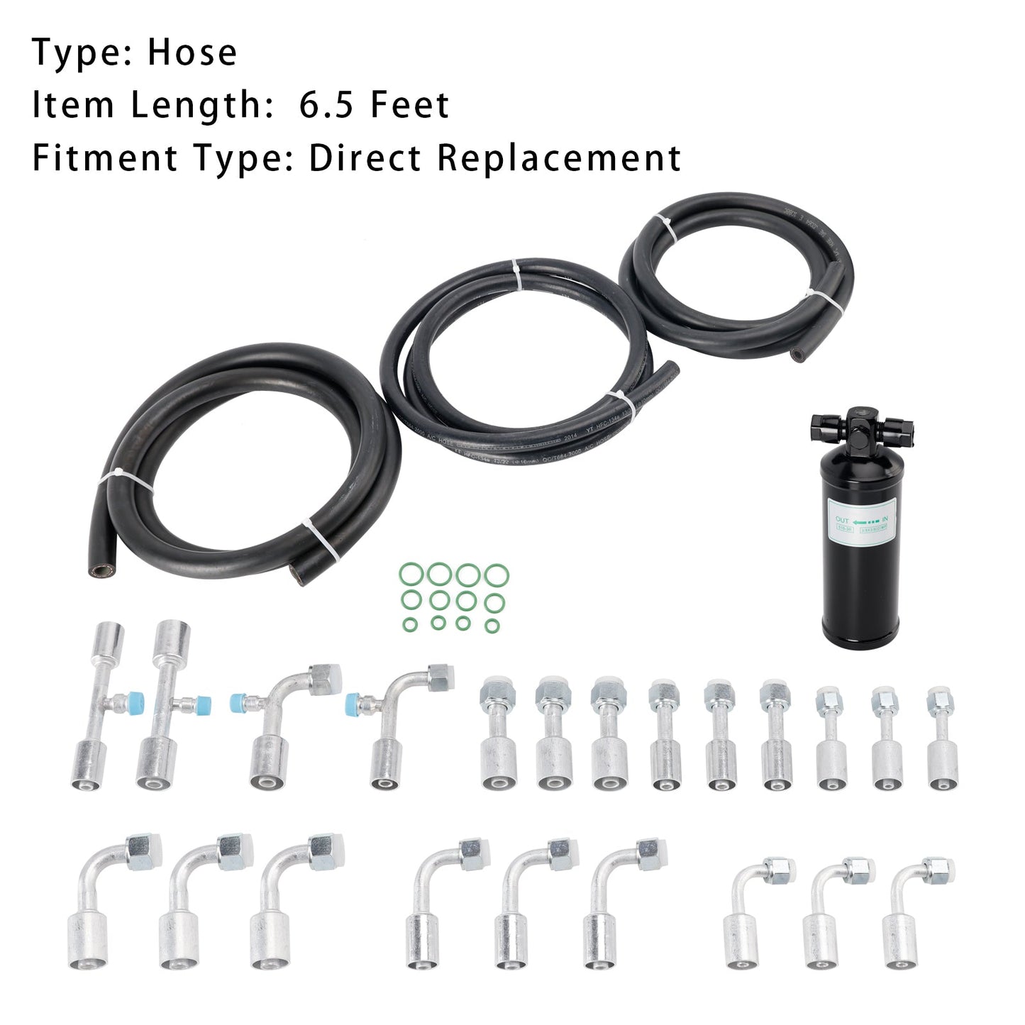 Kit de 26 mangueras y accesorios de aire acondicionado. Incluye mangueras de CA de 6,5 pies n.° 6, 8, 10, accesorios de CA n.° 6, 8, 10 y un receptor secador de CA universal.