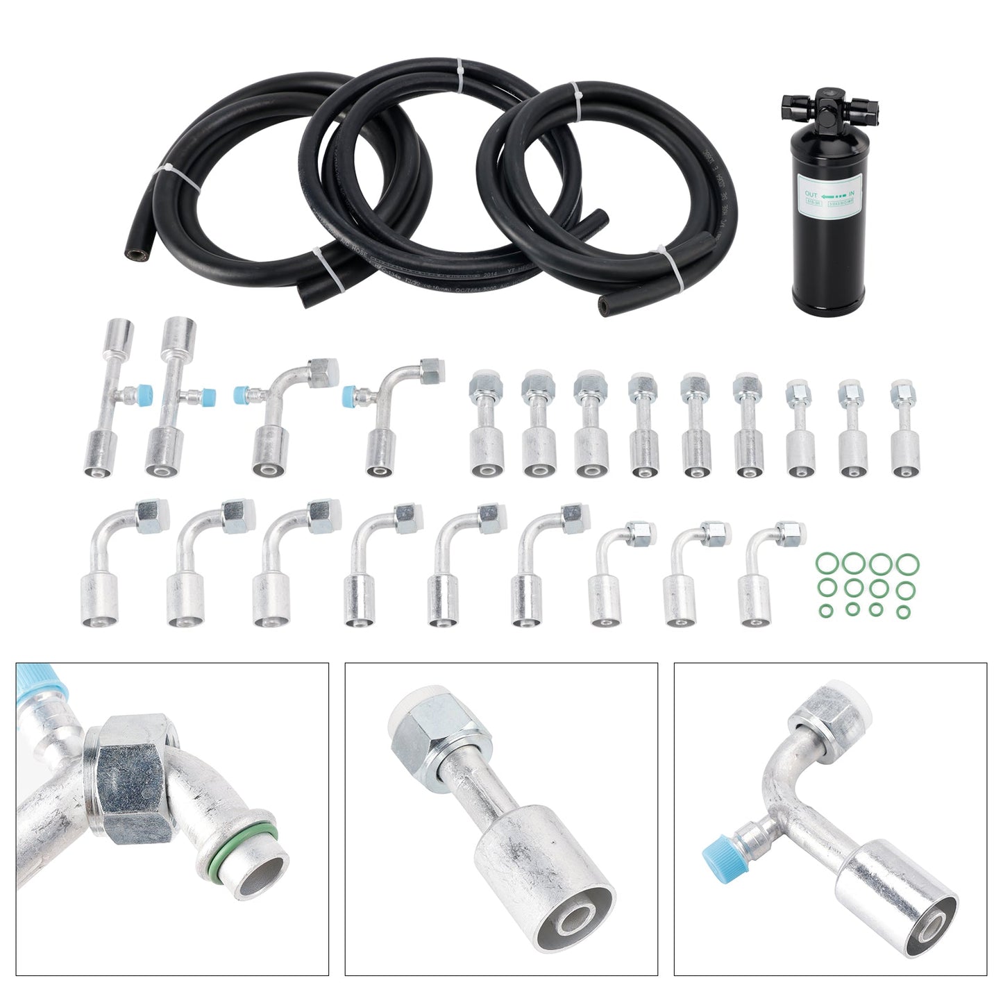 Kit de 26 mangueras y accesorios de aire acondicionado. Incluye mangueras de CA de 6,5 pies n.° 6, 8, 10, accesorios de CA n.° 6, 8, 10 y un receptor secador de CA universal.
