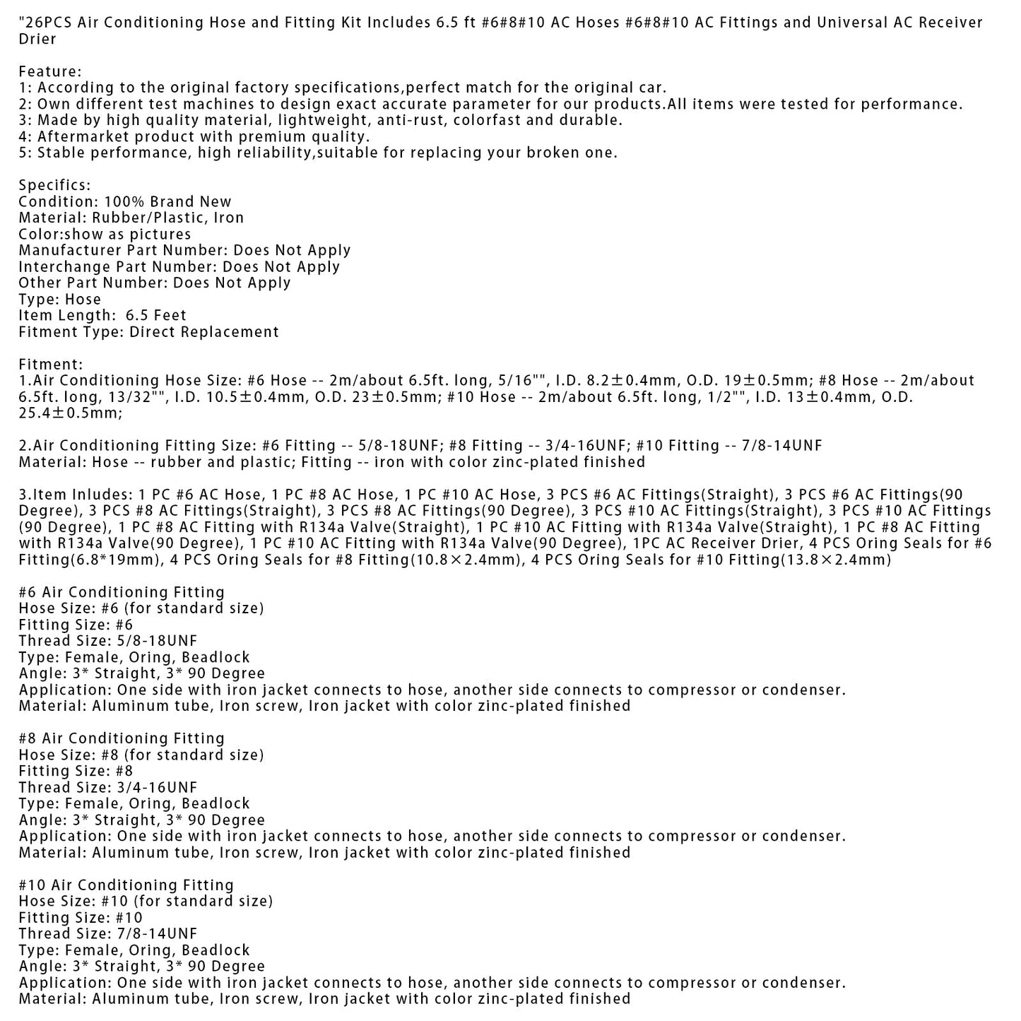 Kit de 26 mangueras y accesorios de aire acondicionado. Incluye mangueras de CA de 6,5 pies n.° 6, 8, 10, accesorios de CA n.° 6, 8, 10 y un receptor secador de CA universal.