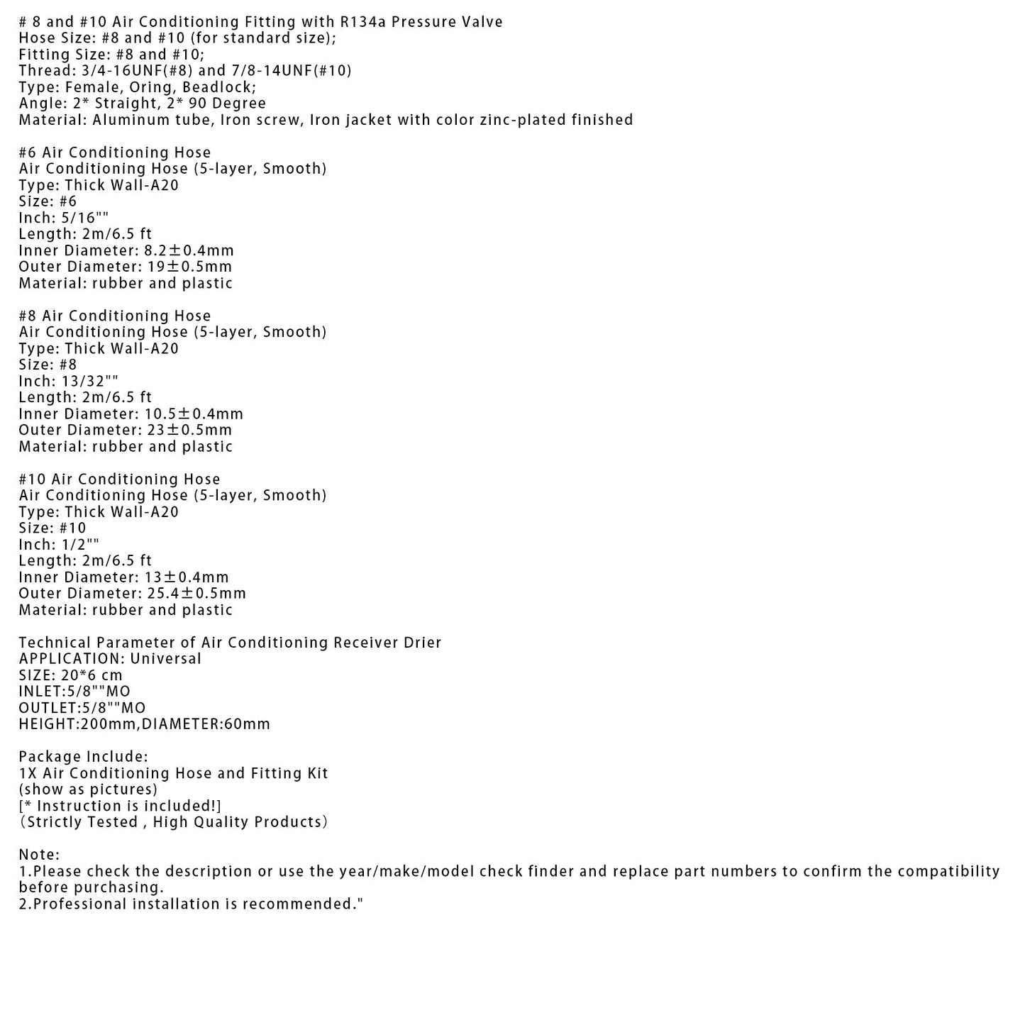 Kit de 26 mangueras y accesorios de aire acondicionado. Incluye mangueras de CA de 6,5 pies n.° 6, 8, 10, accesorios de CA n.° 6, 8, 10 y un receptor secador de CA universal.