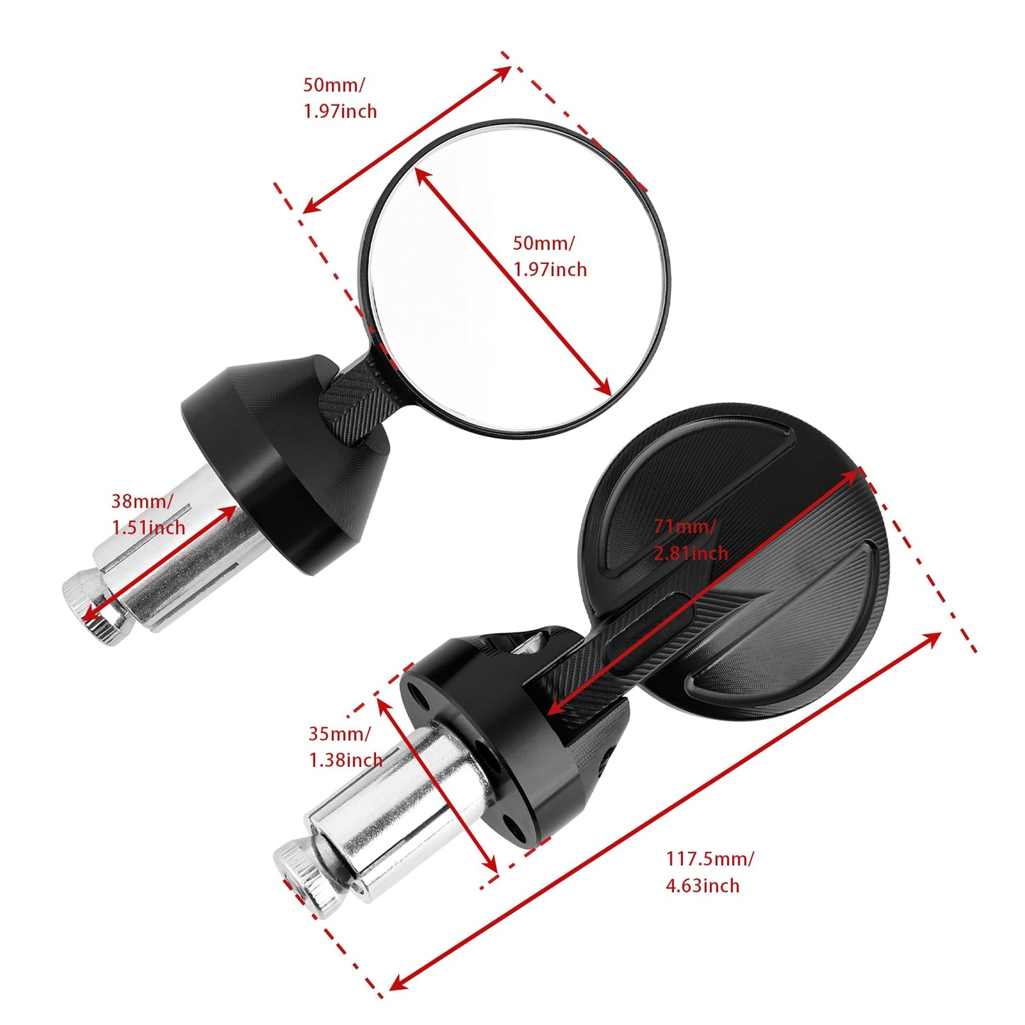 Universal 2inch 22mm Round Bar End Mirrors Billet Aluminium