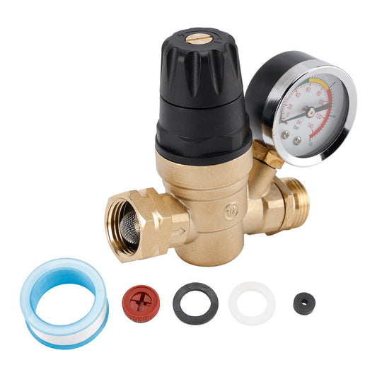 RV Water Pressure Regulator For RV Camper. Brass Lead-Free Adjustable Camper Water Pressure Regulator with 0-160 PSI Gauge Reducer Valve With Filter with Adjustable Handle
