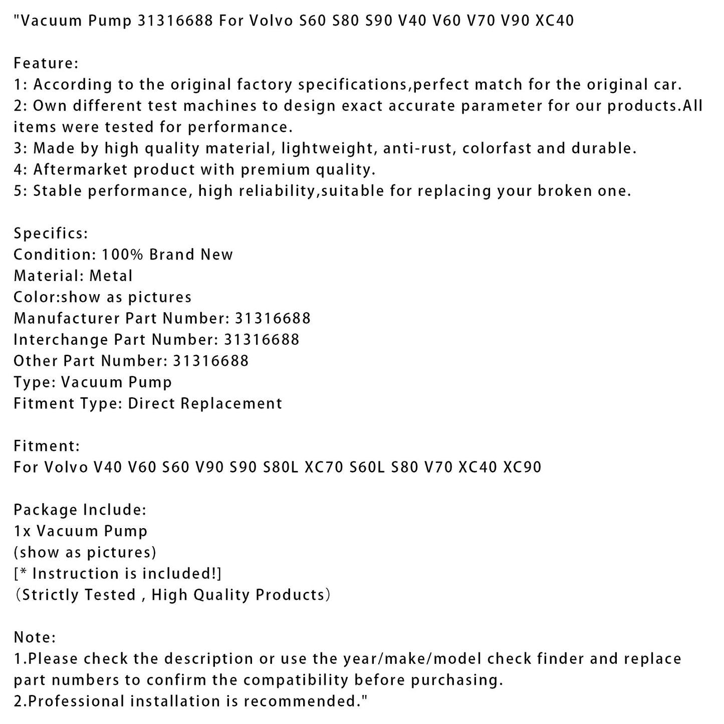 Vacuum Pump 31316688 For Volvo S60 S80 S90 V40 V60 V70 V90 XC40