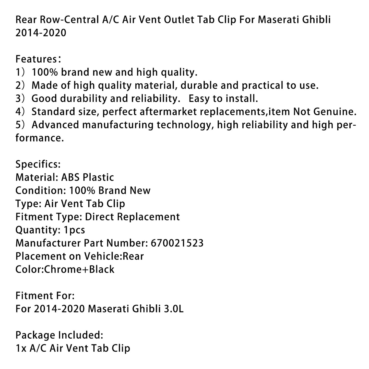 Maserati Ghibli 2014-2020 Rear Row-Central A/C Air Vent Outlet Tab Clip 670021523