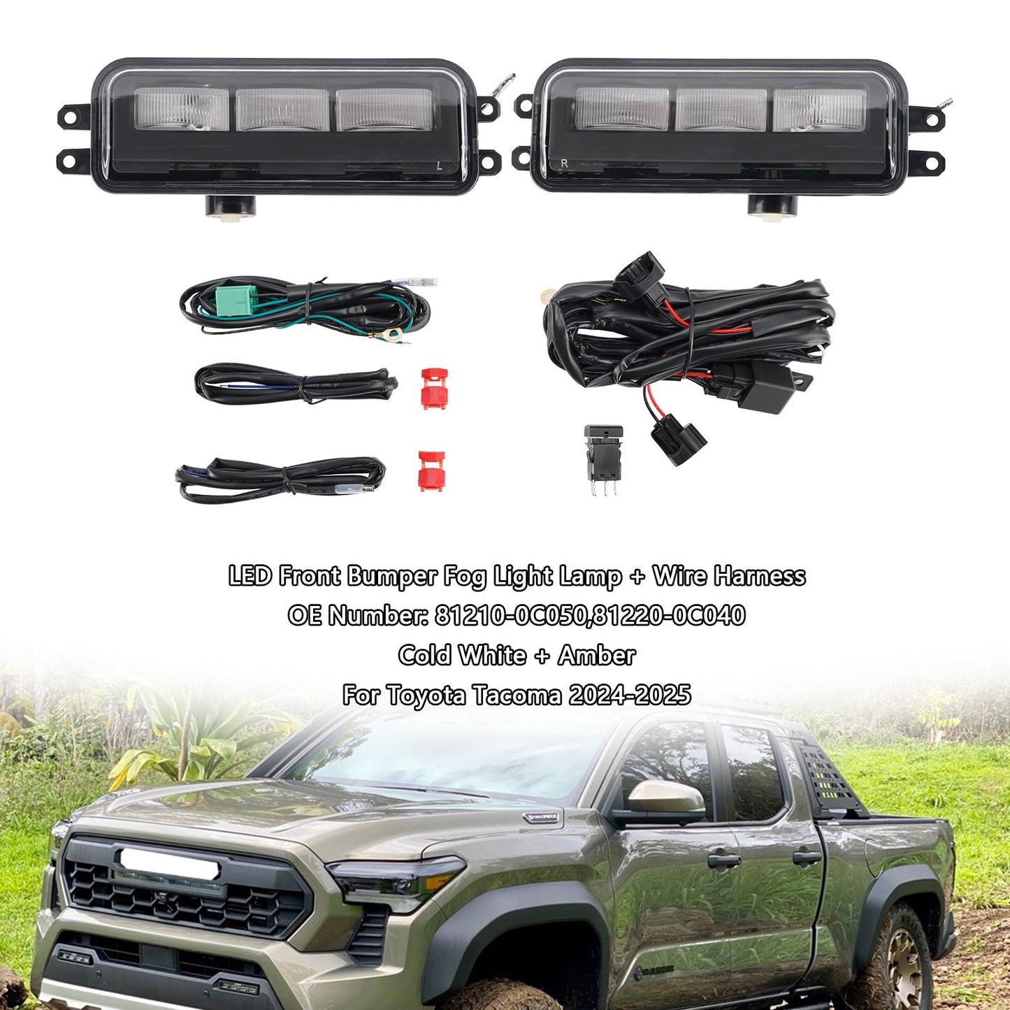 2024-2025 Toyota Tacoma LED Front Bumper Fog Light Lamp + Wire Harness