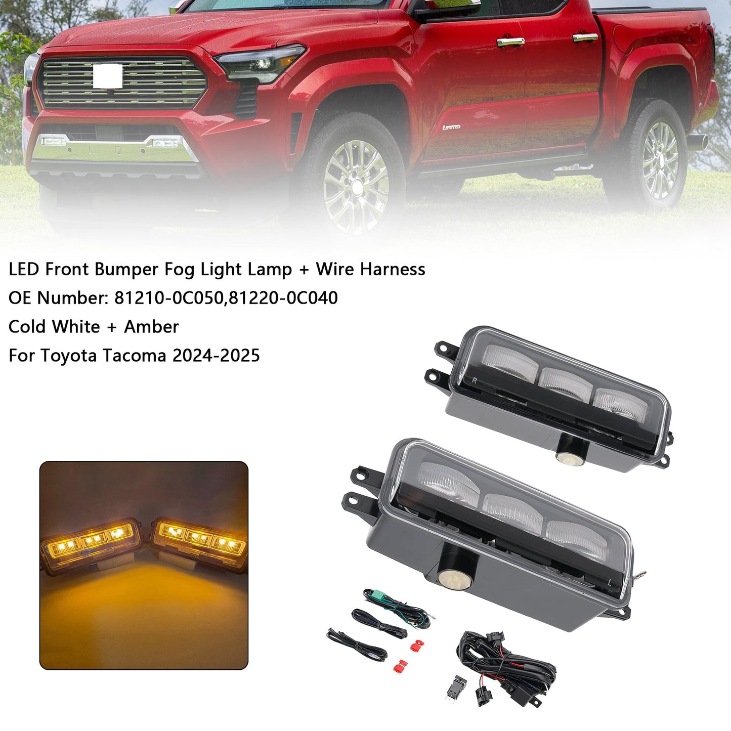 2024-2025 Toyota Tacoma LED Front Bumper Fog Light Lamp + Wire Harness