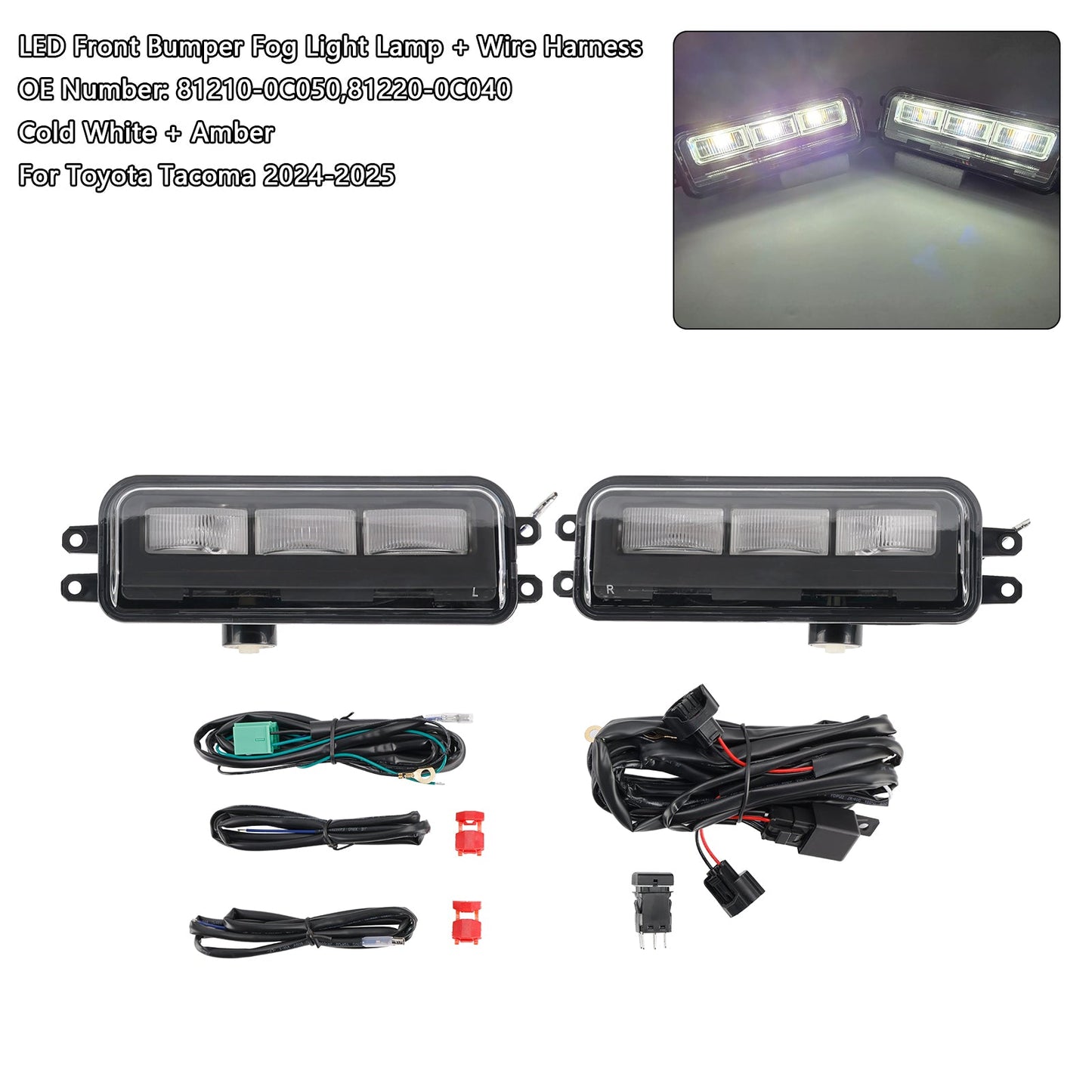 2024-2025 Toyota Tacoma LED Front Bumper Fog Light Lamp + Wire Harness