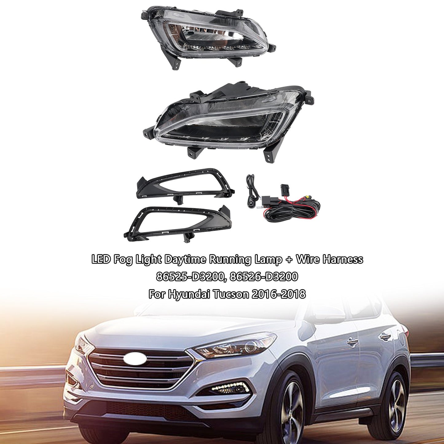2016-2018 Hyundai Tucson LED Fog Light Daytime Running Lamp + Wire Harness